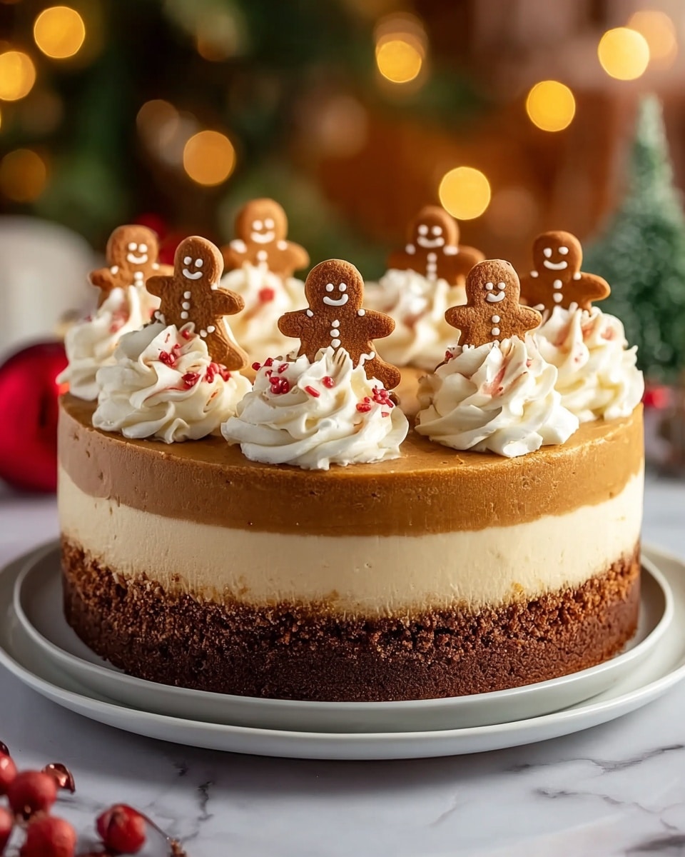 A round cake with three visible layers sits on a white marbled surface, with a white plate below showing just its edge. The bottom layer is a dark brown crumb base, rough in texture. Above that is a lighter creamy layer with a smooth, thick look. The top layer is a smooth, rich brown, like chocolate or gingerbread, about twice as tall as the bottom layer. On top, there is a thin, golden brown crust, decorated with eight swirls of white whipped cream evenly spaced around the edge. Each swirl holds a small, smiling gingerbread cookie, and a few red sprinkles are scattered on the cream. The background has soft warm lights and holiday decorations blurred softly. photo taken with an iphone --ar 4:5 --v 7