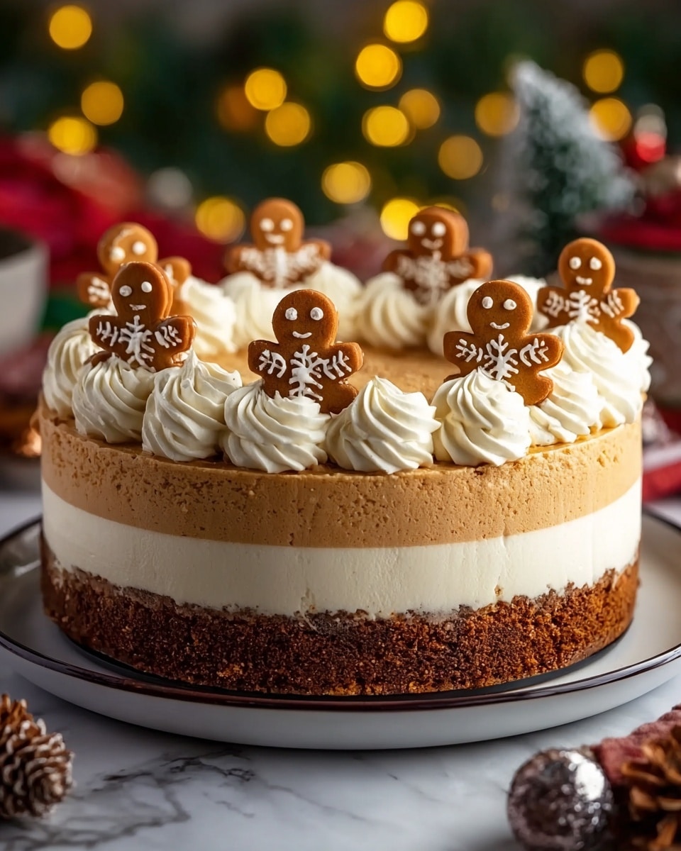 The image shows a round, layered cake on a white plate with a dark rim, placed on a white marbled surface. The cake has three visible layers: a dark brown crumbly base, a creamy white middle layer, and a thick, smooth light brown top layer. On top of the cake is a ring of white whipped cream swirls, each topped with small gingerbread figures or sticks. The background includes blurred Christmas decorations with warm yellow lights, pine cones, and ornaments, creating a festive mood. Photo taken with an iphone --ar 4:5 --v 7