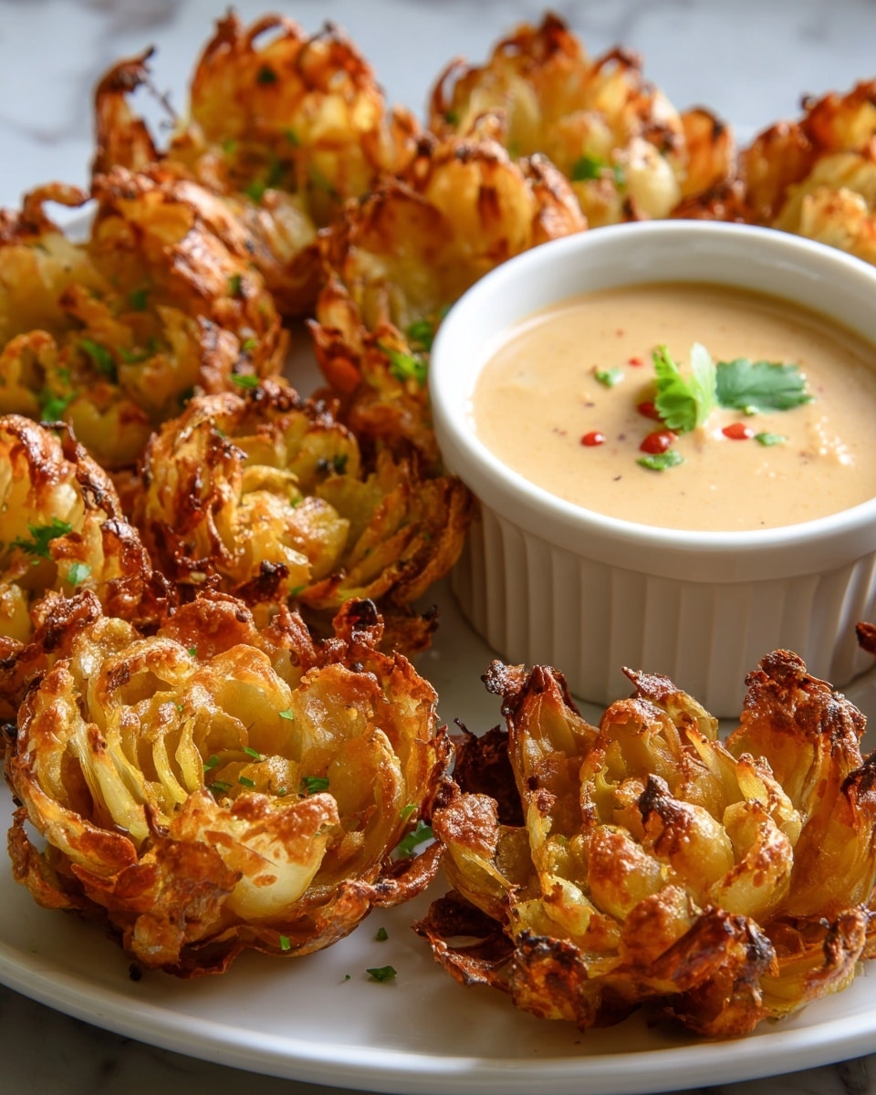 The image shows several golden-brown fried onion flowers arranged on a white plate. Each onion flower has multiple layers of thin, crispy, curled petals with a slightly charred edge, giving a textured and crunchy look. The center of the flowers is yellowish with a soft, cooked look. To the upper right, a white ramekin filled with creamy beige dipping sauce, garnished with a small green herb leaf and a few red specks, sits adjacent to the onion flowers. The plate rests on a white marbled textured surface. Photo taken with an iphone --ar 4:5 --v 7