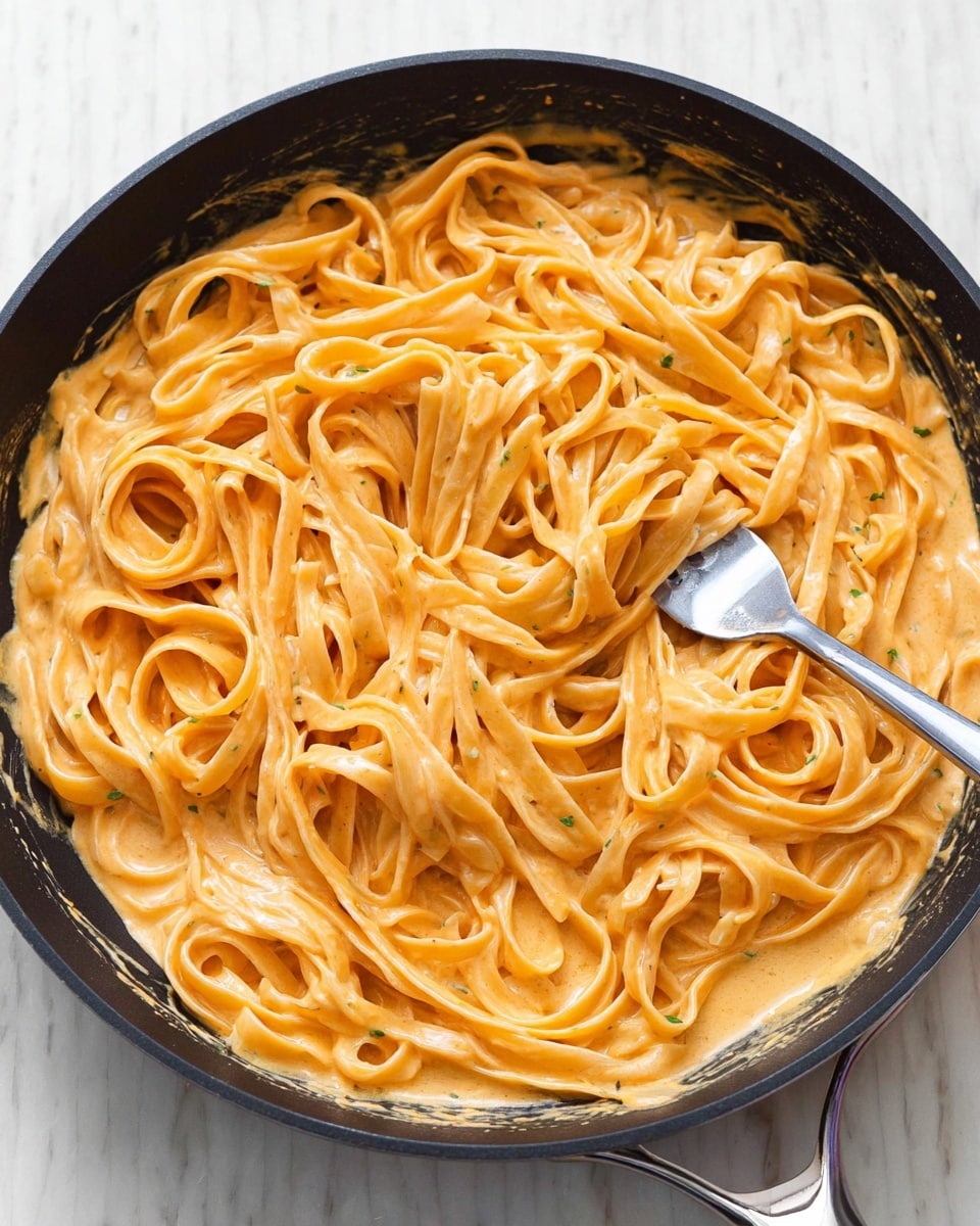 The image shows a black skillet filled with fettuccine pasta coated in a creamy orange sauce. The noodles are long and flat, mixed well with the smooth sauce that clings to each strand. A silver fork is placed inside the skillet, twirling some pasta around its tines, with the fork angled towards the right side. The skillet sits on a white marbled surface, and the creamy sauce lightly coats the inner edges of the pan. photo taken with an iphone --ar 4:5 --v 7