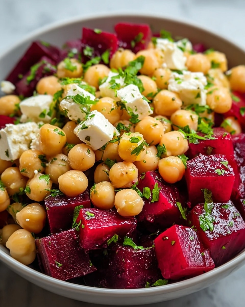 A close-up view of a white bowl filled with a colorful salad showing three main layers: the bottom layer has bright deep red beetroot cubes with a smooth, slightly shiny texture, the middle layer has tan-colored chickpeas that are round and glossy, and the top layer includes small white cubes of soft feta cheese and small green chopped parsley sprinkled evenly across the salad. The bowl is set on a white marbled surface, enhancing the colors of the fresh ingredients. photo taken with an iphone --ar 4:5 --v 7