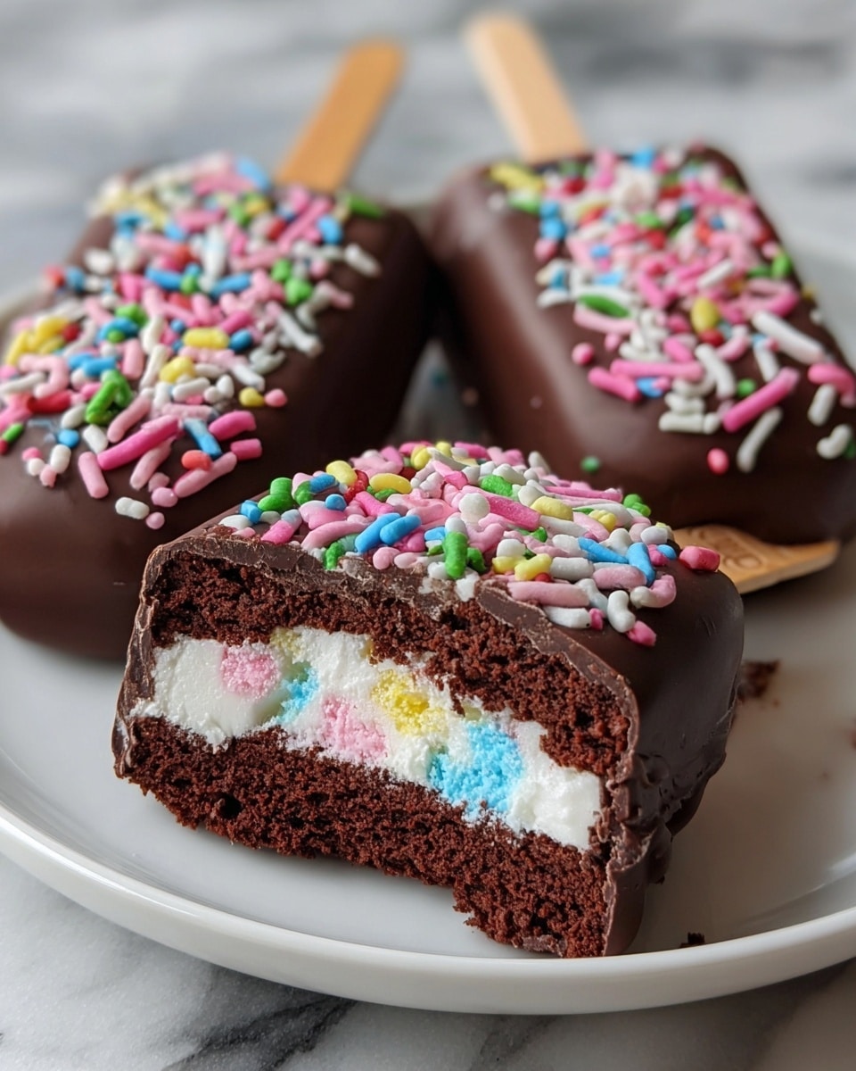 The image shows three chocolate-covered ice cream bars on a white plate sitting on a white marbled surface. Each bar is coated with smooth milk chocolate and decorated with colorful sprinkles in pink, white, green, blue, and yellow. One ice cream bar is bitten, revealing three distinct layers inside: a top and bottom layer of dark brown chocolate cake with a soft, slightly crumbly texture, and a middle layer of white ice cream packed with tiny rainbow sprinkles in blue, yellow, pink, and green colors. The ice cream bars each have a wooden stick protruding for holding. The photo is close up, focusing on the detailed texture of the chocolate, cake, and sprinkles. photo taken with an iphone --ar 4:5 --v 7