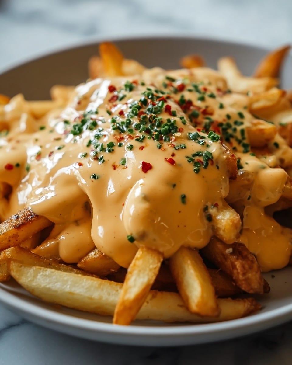 A close-up image of a white plate filled with golden-brown French fries as the bottom layer, topped with a thick, creamy light orange cheese sauce that covers most fries, sprinkled evenly with small chopped green herbs and a few red chili flakes on top. The fries have a crispy texture visible along the edges, while the sauce looks smooth and rich, slightly dripping down the sides of the fries. The background shows a soft focus with a white marbled texture surface beneath the plate. Photo taken with an iphone --ar 4:5 --v 7