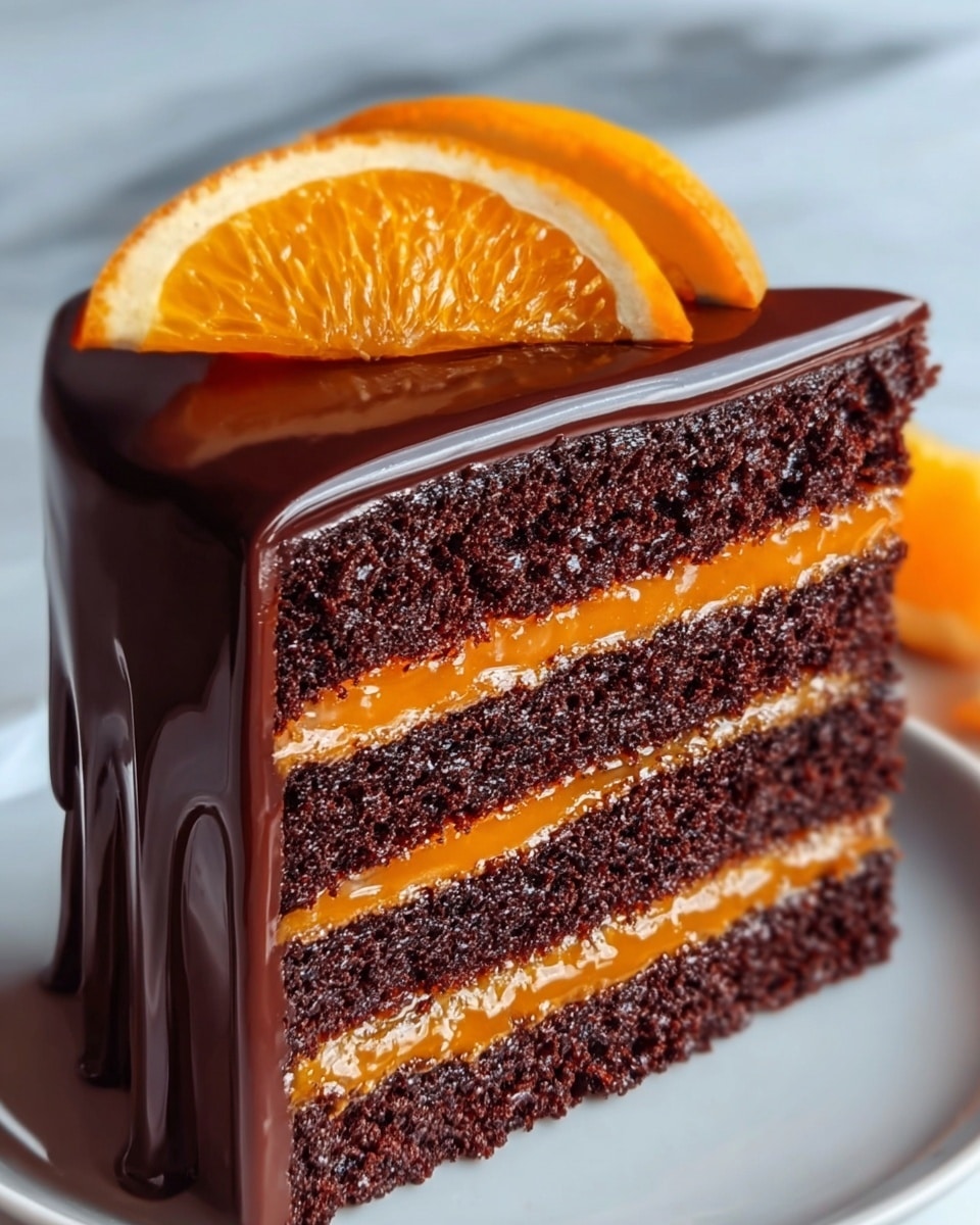 A tall, rich chocolate cake slice with three dark brown, moist layers, each separated by a smooth orange layer and a thin white cream layer. The top of the cake is covered in glossy, dark chocolate ganache that smoothly drapes down the sides. On top, two thin, bright orange slices are placed close together as decoration. The cake slice sits on a white plate with a white marbled background. photo taken with an iphone --ar 4:5 --v 7