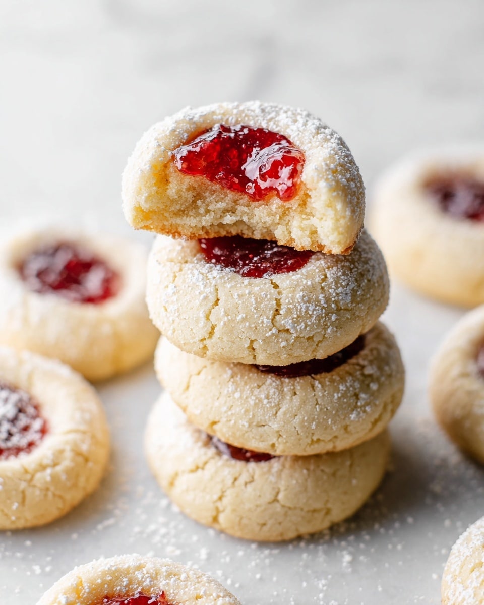 A stack of soft, round thumbprint cookies with a light beige color, each cookie topped with a spoonful of bright red jam filling in the middle cavity. The cookies have a crumbly texture with a dusting of white powdered sugar sprinkled evenly across their tops. The top cookie in the stack has a bite taken out of it, showing a slightly airy and soft inside beneath the jam layer. Around the stack, similar cookies are scattered on a white marbled surface, appearing fresh and lightly cracked. photo taken with an iphone --ar 4:5 --v 7