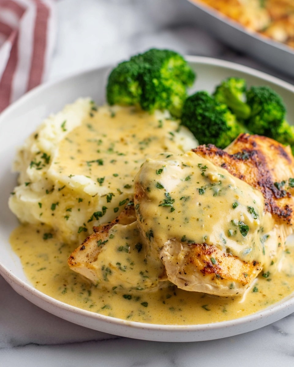The image shows a white plate with two pieces of grilled chicken breast on the right side, covered with a creamy yellow sauce speckled with green herbs. To the left of the chicken, there is a serving of mashed potatoes topped with the same sauce. On top of and around the mashed potatoes are a few bright green broccoli florets. The plate sits on a white marbled surface with part of another dish visible blurred in the background. photo taken with an iphone --ar 4:5 --v 7