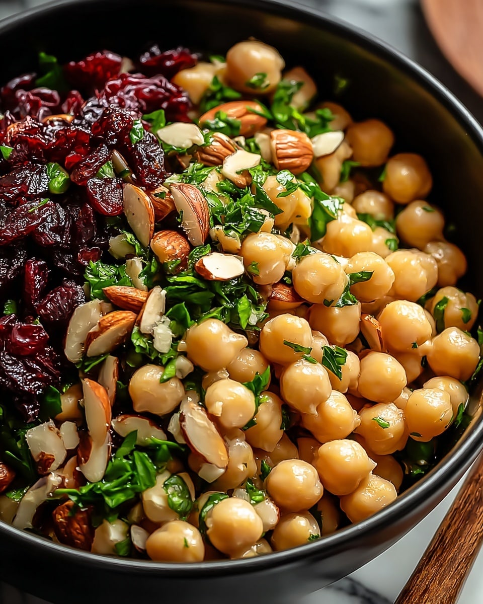 A close-up of a black bowl filled with a chickpea salad showing multiple layers: the bottom layer is smooth, round beige chickpeas, mixed with bright green chopped parsley leaves scattered throughout. On top, deep red dried cranberries add color contrast, and chunks of light brown almonds with rough texture are mixed in, giving a crunchy look. The bowl sits on a white marbled surface with a wooden spoon handle visible on the right side. photo taken with an iphone --ar 4:5 --v 7