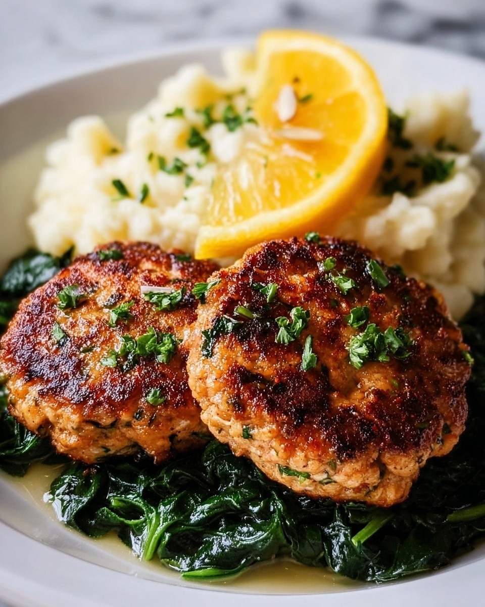 Two golden-brown, crispy chicken patties with small green herb pieces sprinkled on top sit on a bed of dark green sautéed spinach. Behind the patties, creamy mashed potatoes with visible soft lumps are placed, garnished with chopped herbs. A bright yellow lemon slice with visible seeds is positioned above the patties, adding a fresh pop of color. Everything is arranged on a white plate, set against a white marbled surface. photo taken with an iphone --ar 4:5 --v 7