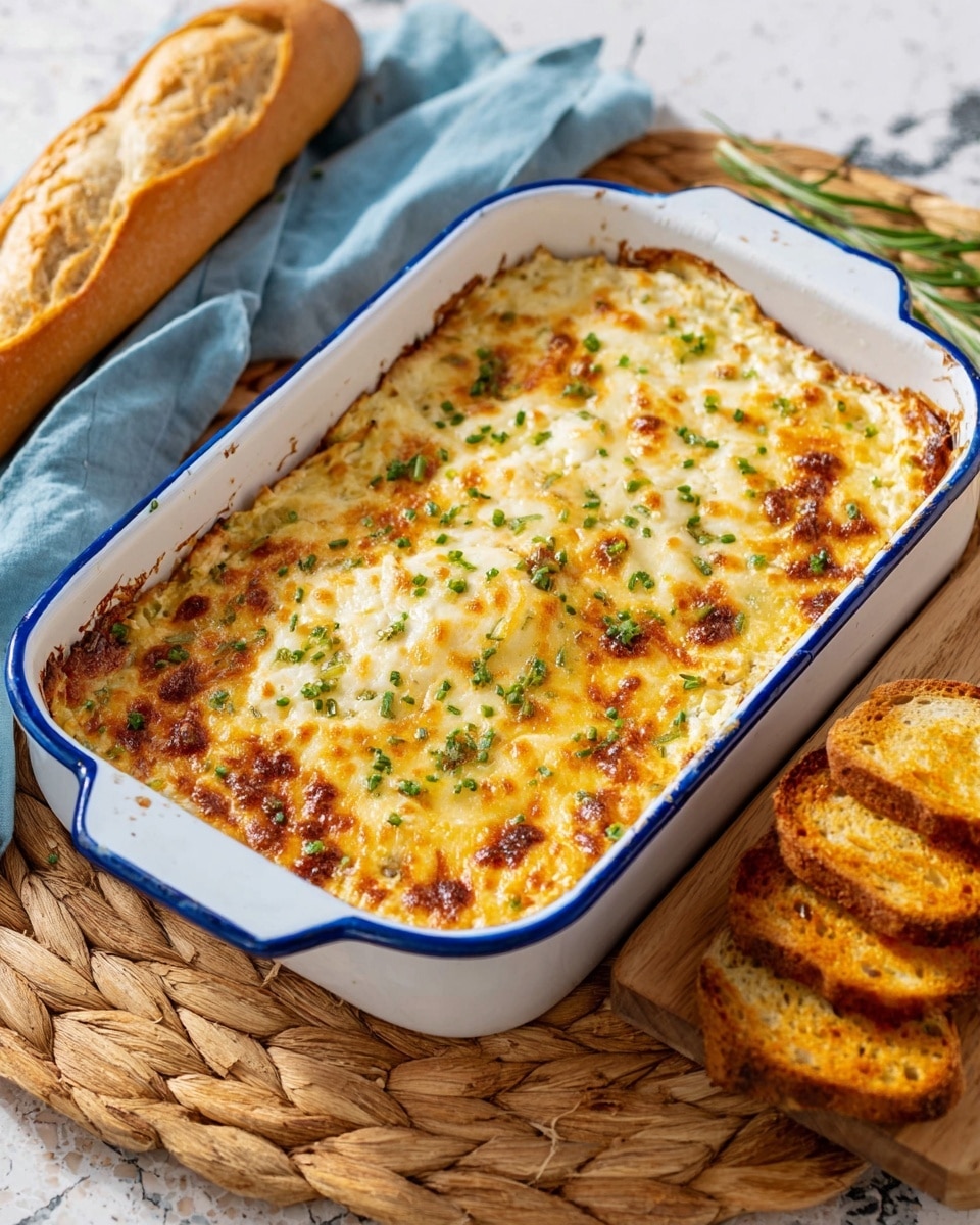 A white rectangular baking dish with a blue rim holds a baked dip with a golden brown, bubbly top layer of melted cheese sprinkled with small pieces of green herbs evenly spread across the surface. The dip appears thick and creamy underneath the browned cheesy crust. On the right side, there is a small stack of toasted bread slices with a crunchy, light golden texture on a wooden board. To the left, a partially visible baguette with a crisp crust rests on a soft blue cloth. The entire scene is set on a woven mat atop a white marbled textured surface. photo taken with an iphone --ar 4:5 --v 7