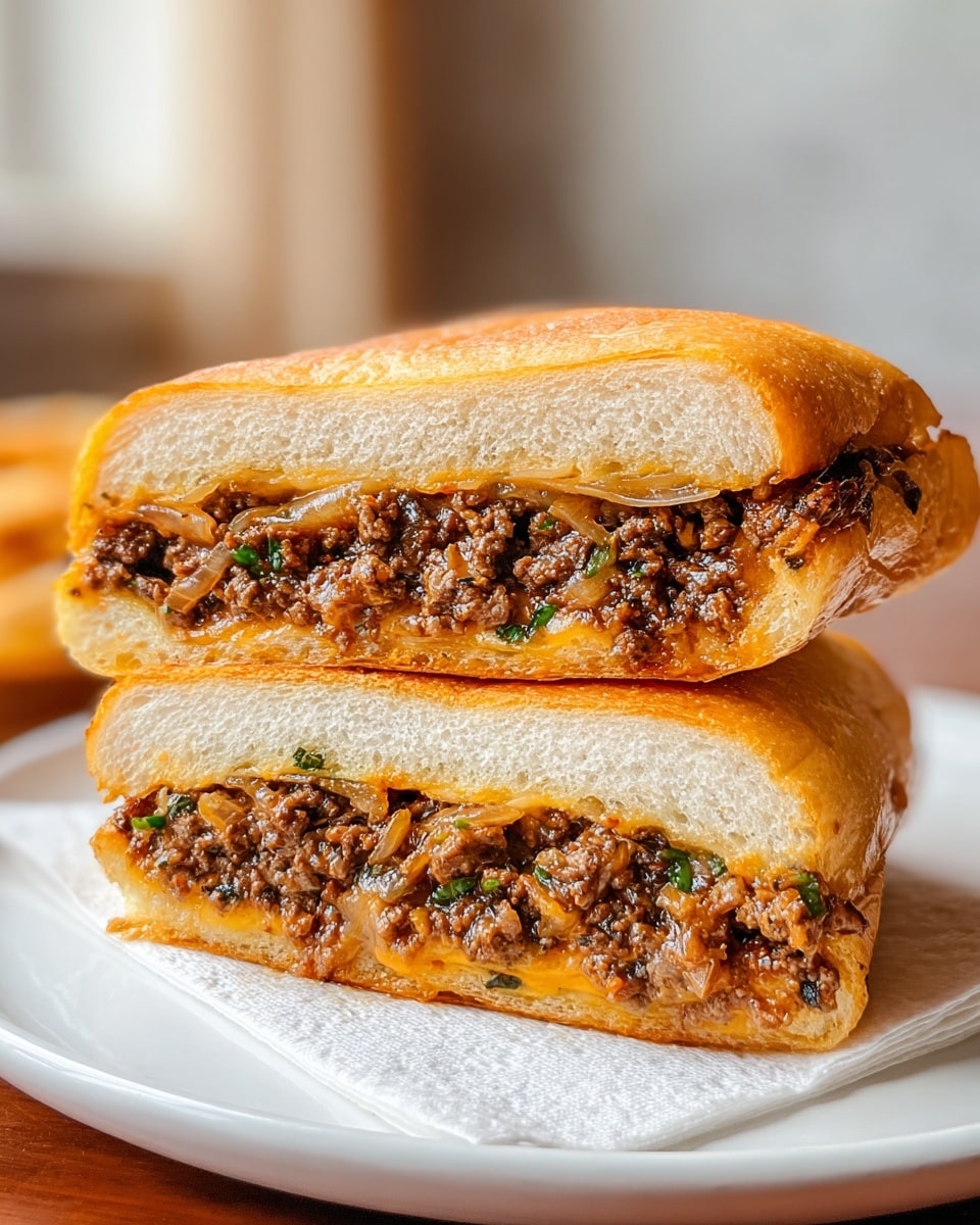 A sandwich cut in half and stacked, showing two thick layers of soft, golden brown bread with a light, fluffy texture. Inside each half, a layer of cooked ground beef mixed with small green herbs and caramelized onions is clearly visible, topped with melted, gooey cheese that blends with the filling. The beef mixture has a slightly coarse texture with a rich brown color, and the onions add a translucent, soft contrast. The sandwich is placed on a white plate lined with a white napkin, and the background features a soft focus with warm tones and a white marbled surface. photo taken with an iphone --ar 4:5 --v 7