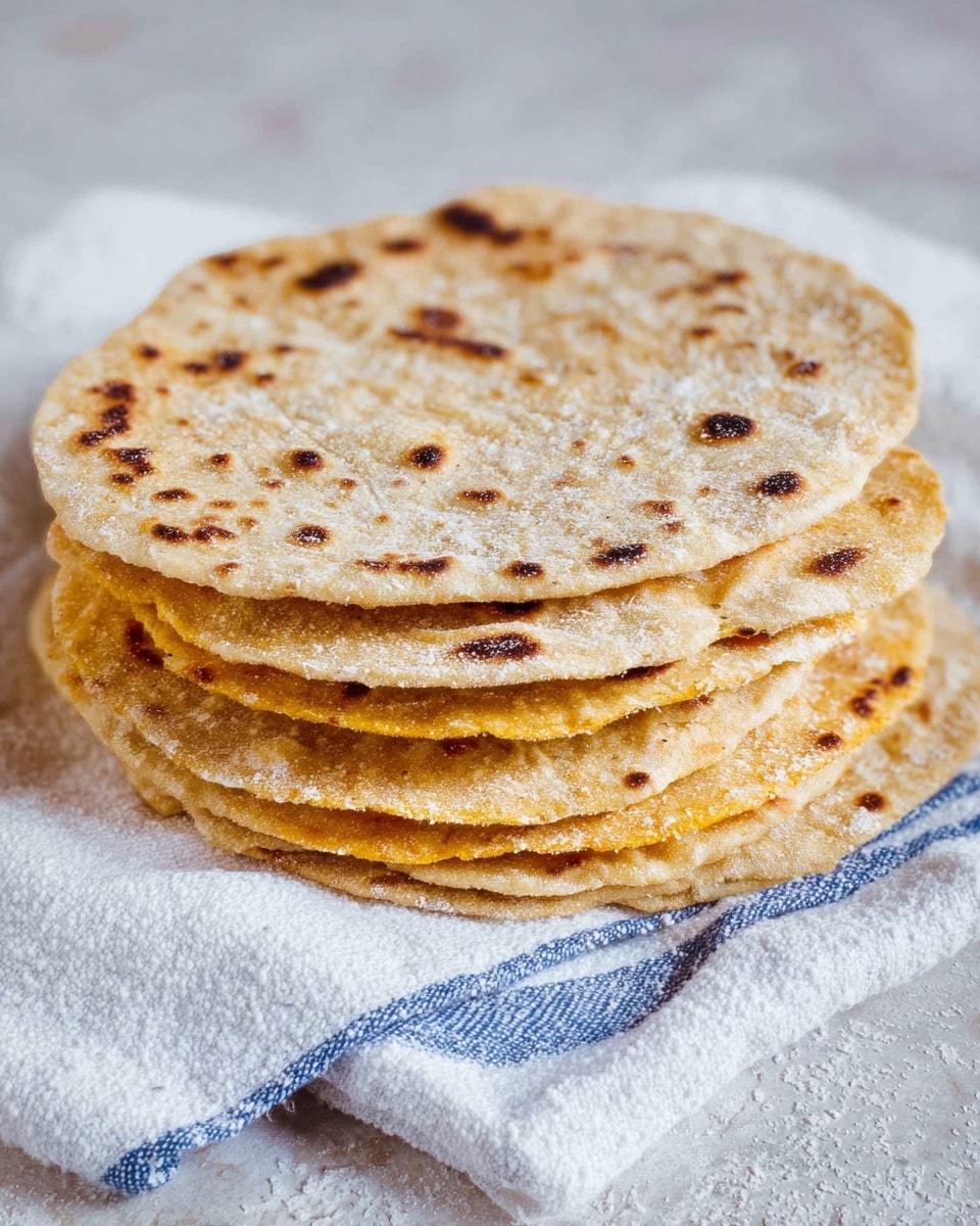 A stack of six flatbreads with a golden-brown color and slightly charred spots on top is shown, each flatbread thin and round with a rough, textured surface dusted lightly with flour. The flatbreads are placed on a soft white cloth with a blue edge, which lies on a white marbled textured background. The stack is slightly uneven, giving a natural, homemade feel. Photo taken with an iphone --ar 4:5 --v 7