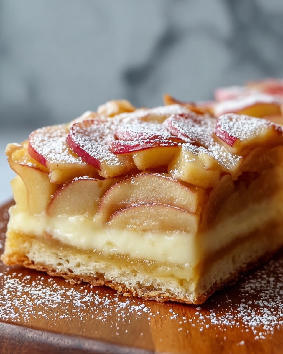 A close-up of a square slice of apple tart showing four distinct layers: at the bottom, a thin, golden-brown crispy crust; above it, two thick, creamy off-white custard layers with a smooth texture; topped by a glossy layer of sliced apples arranged in overlapping pieces, their skin red and the flesh pale yellow, dusted lightly with powdered sugar. The tart is placed on a wooden board with a white marbled texture in the background. Photo taken with an iphone --ar 4:5 --v 7