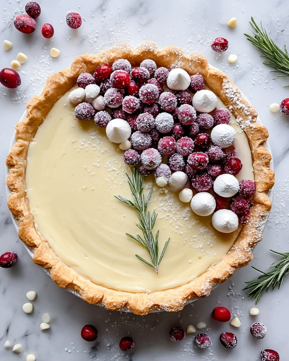 A pie with three visible layers sits centered on a white marbled surface. The bottom crust is golden brown and fluted, forming a thick edge around the pie. The middle layer is smooth and creamy, pale yellow in color, covering the entire base inside the crust. On top, one quarter of the pie is covered with bright red cranberries, some dusted with white powdered sugar. Among the cranberries are small white dollops resembling meringue or whipped cream. A green rosemary sprig lies diagonally on the cranberry section, adding a touch of color. Scattered around the pie on the white marbled surface are loose cranberries, white chocolate chips, powdered sugar, and rosemary sprigs. photo taken with an iphone --ar 4:5 --v 7