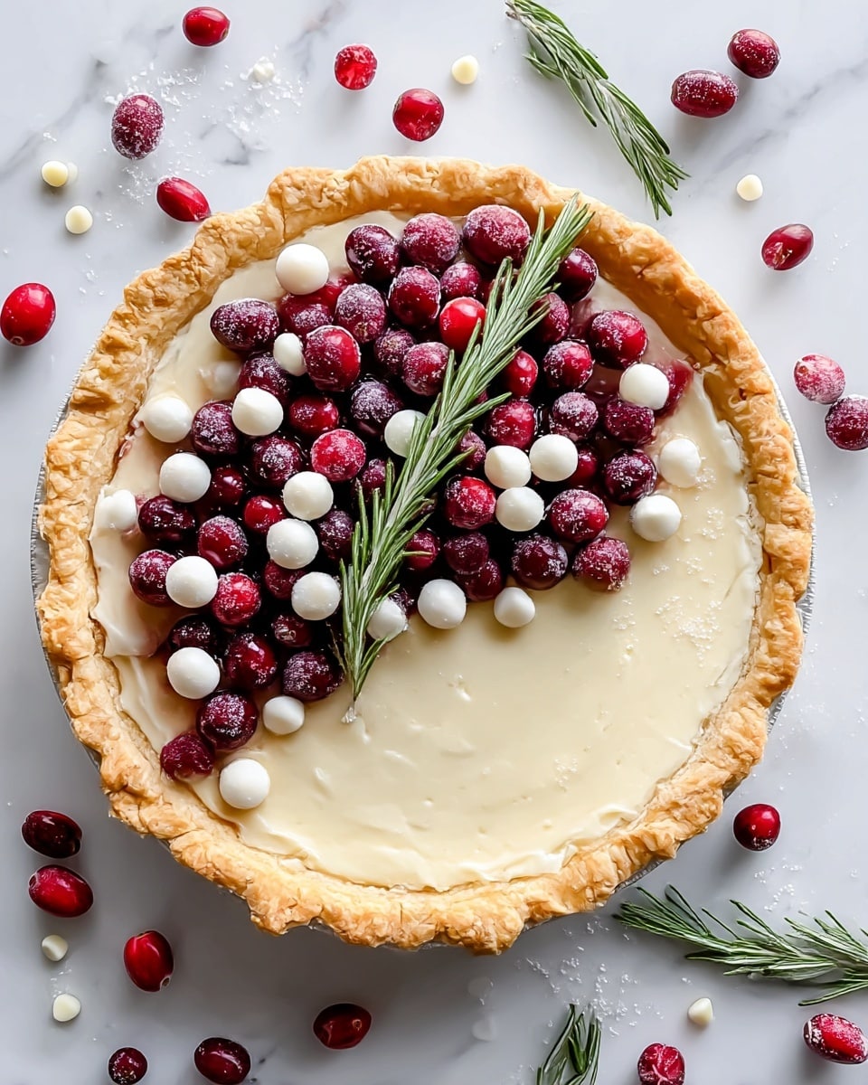 A pie with a golden, crimped crust holds three visible layers: at the bottom a light brown crust, above it a smooth, pale cream filling, and on top, a cluster of red and dark red cranberries covering almost half the surface. White sugar dollops are scattered among the cranberries, giving a snowy look. A green rosemary sprig lies diagonally on the cranberries as a garnish. Loose cranberries, white sugar bits, white chocolate chips, and rosemary sprigs surround the pie on a white marbled surface. photo taken with an iphone --ar 4:5 --v 7