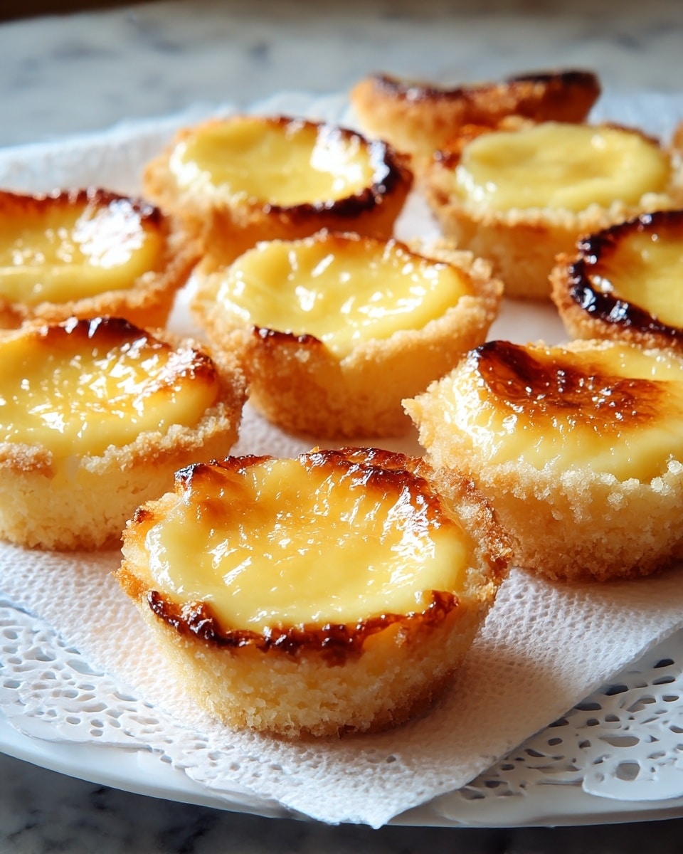 This image shows several small tart-like pastries arranged closely on a white lace-patterned plate with a white paper towel under them, all set on a white marbled surface. Each pastry has two layers: the base layer is crumbly and light golden brown, with a slightly rough texture, while the top layer is a glossy, creamy yellow custard with caramelized brown edges that look slightly crisp and uneven. The pastries vary slightly in shape, some with softly rounded tops and others with more uneven, slightly raised edges, creating a rustic handmade appearance. The light shines on the glossy custard tops, making them appear slightly shiny and moist. Photo taken with an iphone --ar 4:5 --v 7