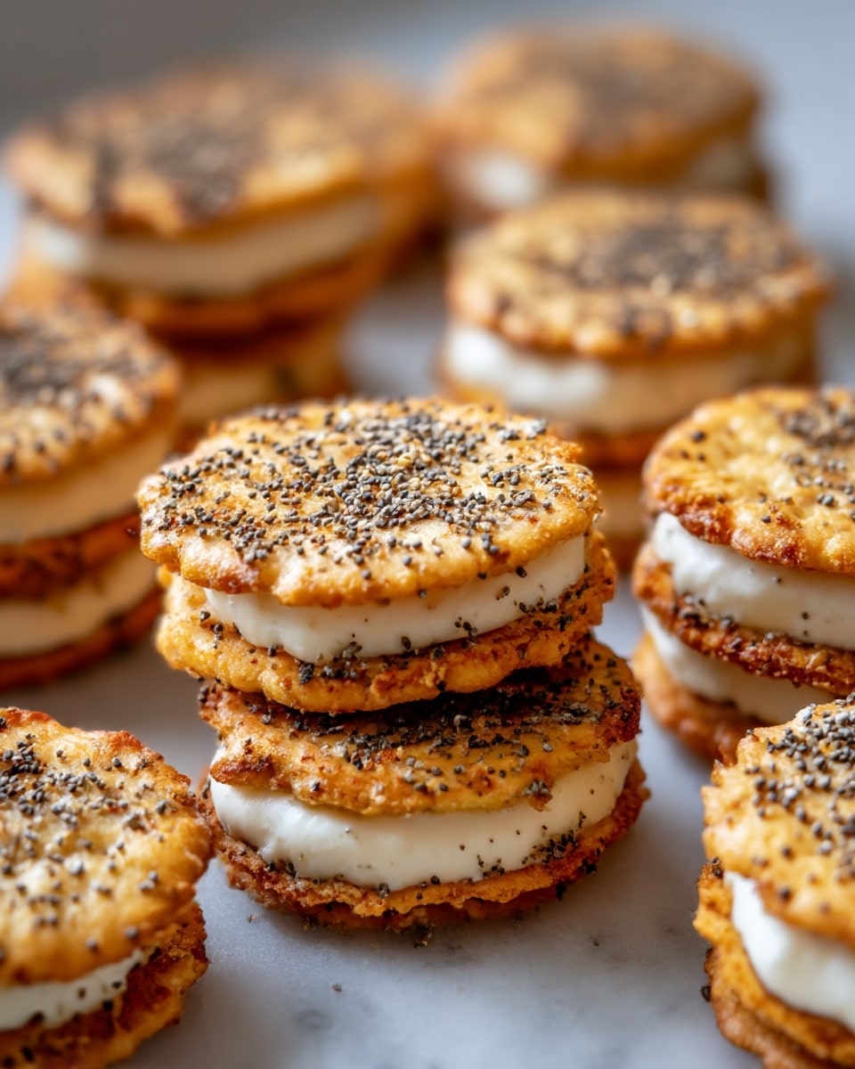 The image shows multiple small sandwich stacks made of two thin crispy golden brown cracker layers with a smooth white creamy filling in the middle. The top cracker layer of each sandwich is sprinkled generously with coarse black and grey seeds, giving a textured look. The crackers have a slightly uneven surface with toasted edges, and the filling is neatly sandwiched between the layers. These mini sandwiches are placed closely together, covering the white marbled surface underneath. The shot focuses on the front stacks, with the others softly blurred behind, highlighting their crunchy, seasoned texture. Photo taken with an iphone --ar 4:5 --v 7