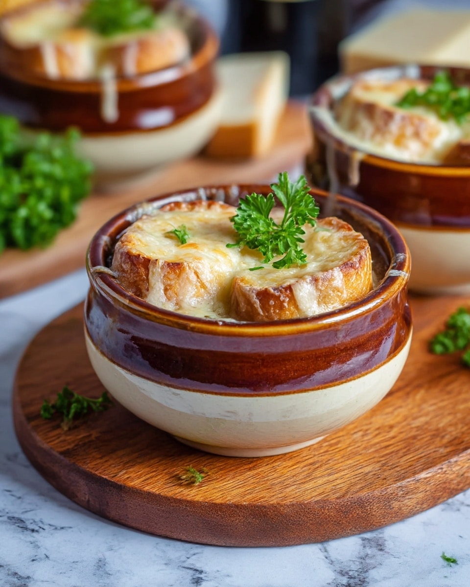 The image shows three brown ceramic bowls filled with French onion soup, each topped with two golden brown toasted bread slices covered with melted cheese that looks bubbly and slightly browned on the edges. Each bowl is garnished with a sprig of fresh green parsley placed on top of the cheese layer. The bowls sit on a wooden cutting board. Above the board, there is a crusty baguette with a light golden crust and soft white inside. Next to the baguette, slices of bread are topped with shredded pale yellow cheese. In the background, fresh parsley with bright green leaves lies on a green and beige checkered cloth. The surface beneath everything has a rustic white marbled texture. photo taken with an iphone --ar 4:5 --v 7