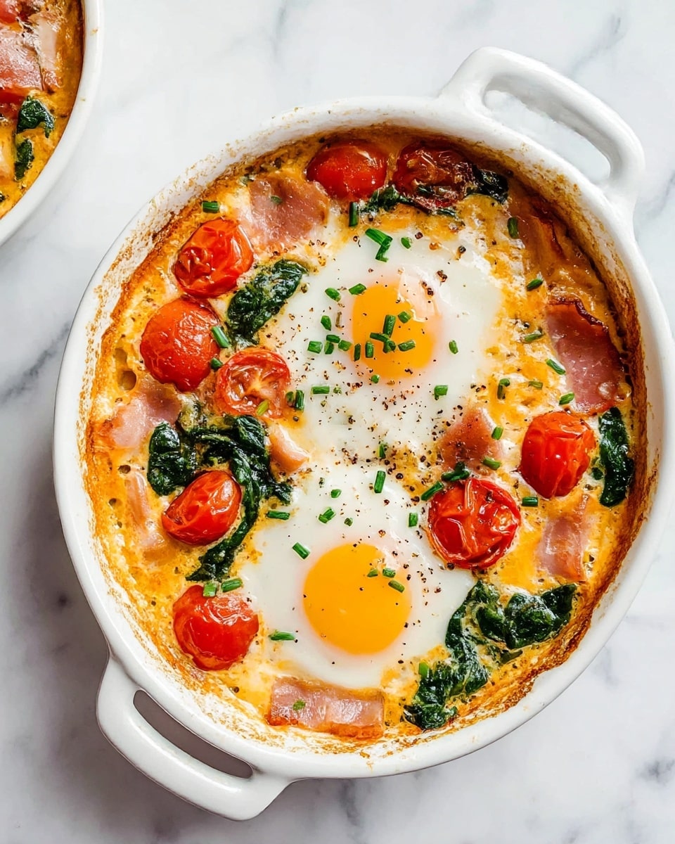 A round white ceramic baking dish filled with a layered baked egg dish is shown from above. The bottom layer consists of a creamy orange sauce with visible cooked red and yellow bell pepper pieces and chunks of tomato. On top, two partially cooked eggs with bright orange yolks and white edges are nestled, lightly sprinkled with chopped green onions and cracked black pepper. The surface is slightly bubbly and melted. A gold spoon rests in the dish, scooping a mixture of egg, sauce, and vegetables. The dish sits on a white plate which also holds two pieces of toasted bread with a golden crust. The background is a white marbled surface. photo taken with an iphone --ar 4:5 --v 7
