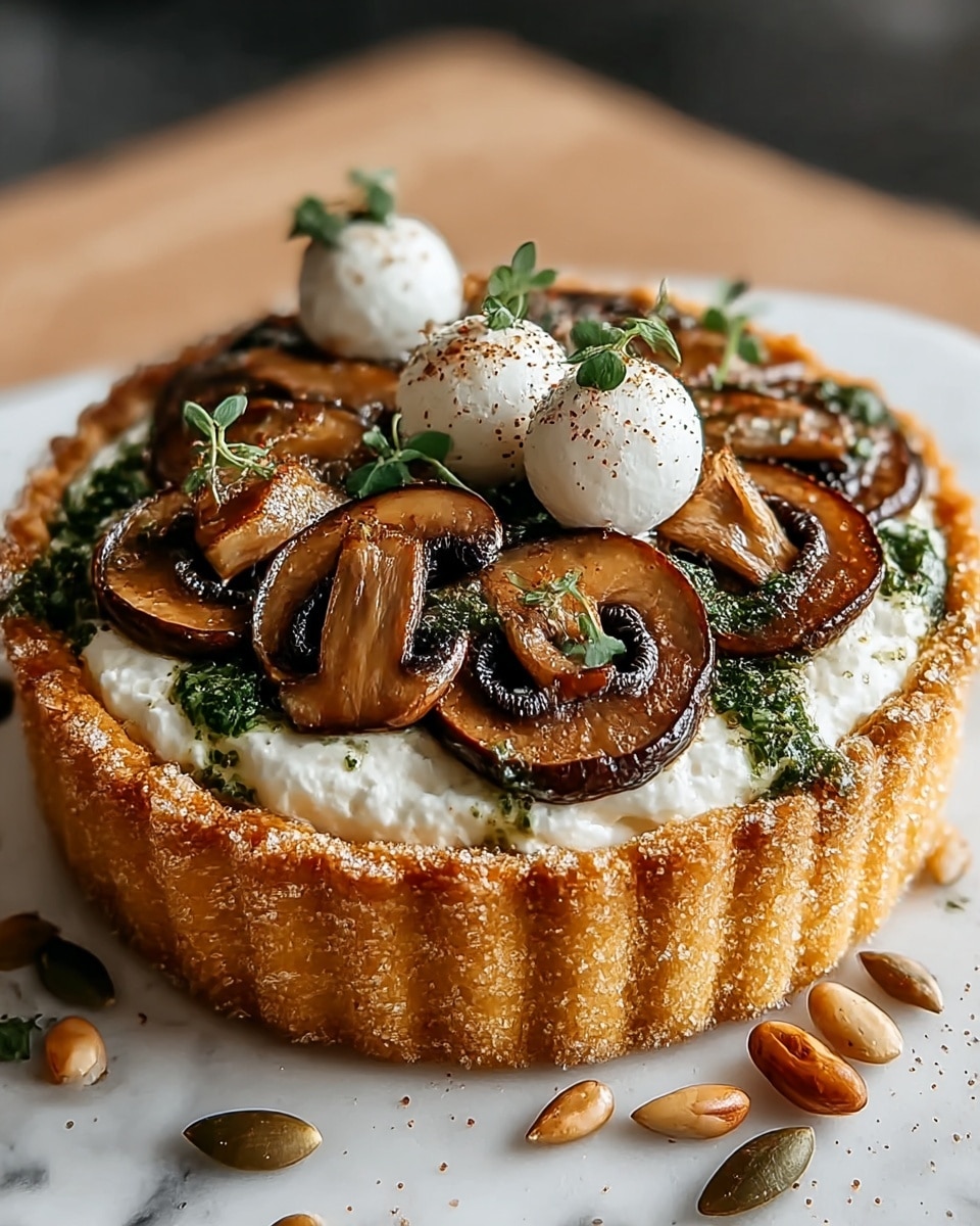 A small tart with a golden, crispy crust that looks crunchy and has visible sugar crystals on the edges. It has one main thick layer of soft, white cheese inside the crust. On top of the cheese, there are several browned sautéed mushroom slices spread evenly with a bit of green herb sauce drizzled over them. There are small white balls, likely mozzarella, sitting on top, sprinkled with tiny green leaves and some ground pepper flakes. A few pumpkin seeds and pine nuts are scattered around the mushrooms for texture, all set on a white marbled surface. Photo taken with an iphone --ar 4:5 --v 7