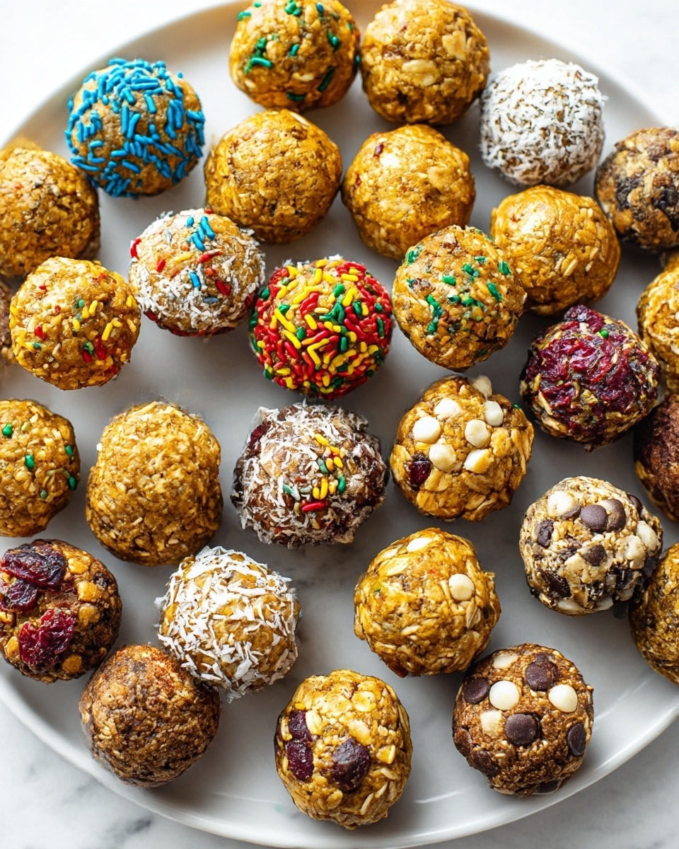 A white plate filled with about thirty small round energy balls arranged closely together in multiple layers, showing various textures and colors: golden balls with colorful sprinkle toppings in blue, red, yellow, and green, some covered with shredded coconut flakes, others studded with white chocolate chips and dried red cranberries, and a few darker brown balls with visible oats, cashews, dark raisins, and chocolate chips. The balls vary slightly in size and texture, creating a visually rich, mixed pattern of smooth, crunchy, and chewy surfaces on a white marbled texture background. photo taken with an iphone --ar 4:5 --v 7