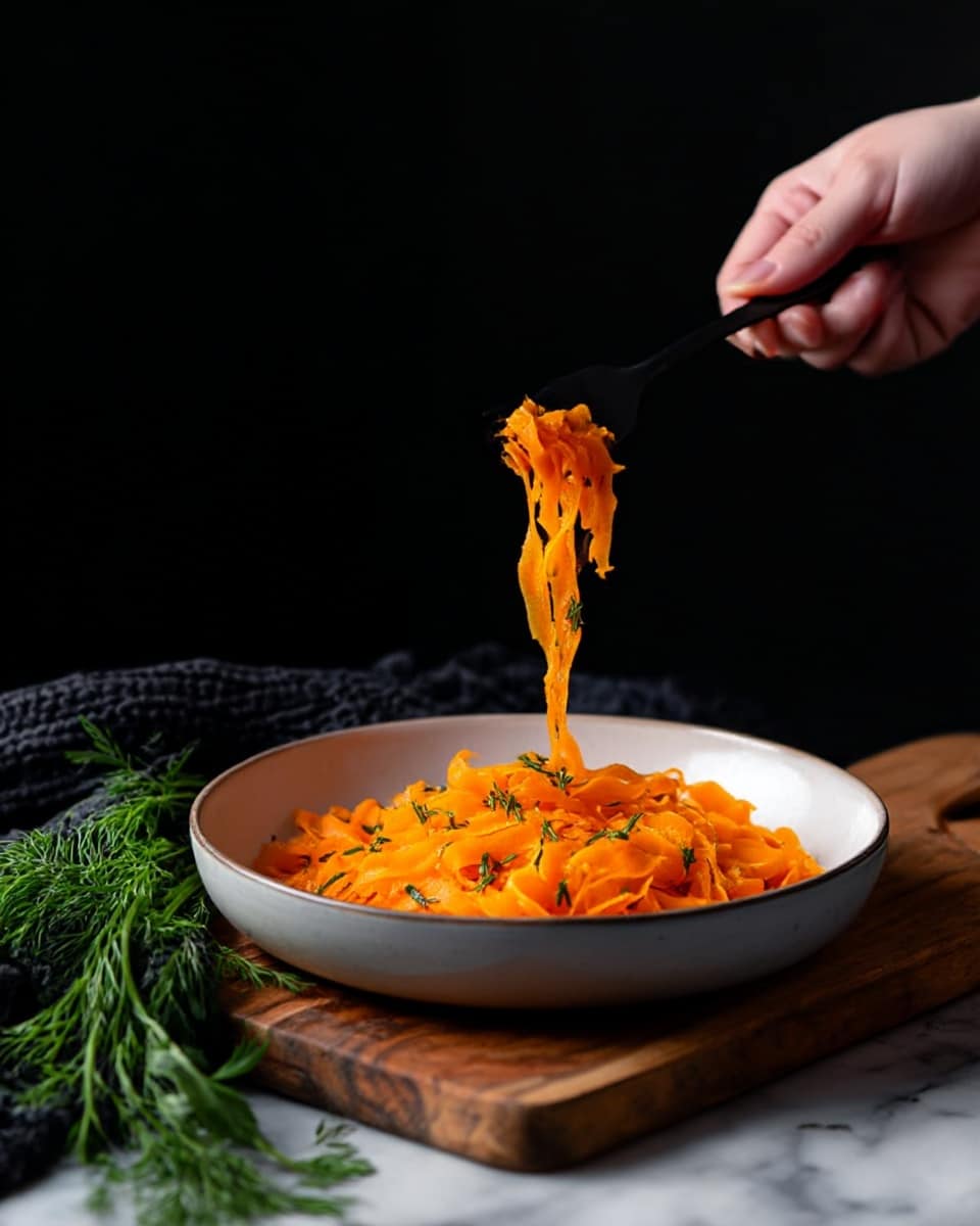 A black bowl is filled with about three layers of flat, bright orange carrot ribbons, each layer showing a slightly curled texture and sprinkled with small green herb bits. A black fork is stuck into the ribbons on the right side, lifting some of the carrot ribbons, while fresh green parsley and rosemary sprigs are arranged casually on a wooden board beneath the bowl. The whole scene is set on a white marbled surface with a textured gray cloth partially visible on the right. photo taken with an iphone --ar 4:5 --v 7