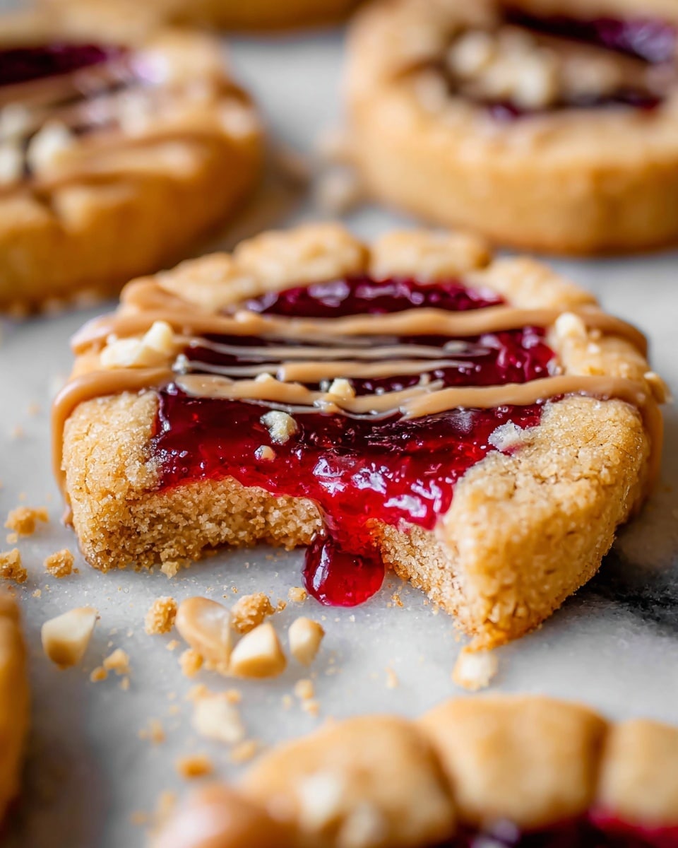 The image shows a close-up of a single round cookie with a bite taken out of it, placed on a white marbled surface. The cookie has two distinct layers: a thick golden-brown crumbly crust forming the base and edges, and a smooth, shiny, deep red jelly filling in the center with a slightly glossy texture. The crust edges are crimped and fold over the jelly, forming a rustic border. Light crumbs are scattered on the top and around the cookie. There are also a few small pieces of crushed nuts on the jelly and nearby on the surface. In the background, more cookies with similar layers and a drizzle of light brown topping are faintly visible out of focus. Photo taken with an iphone --ar 4:5 --v 7