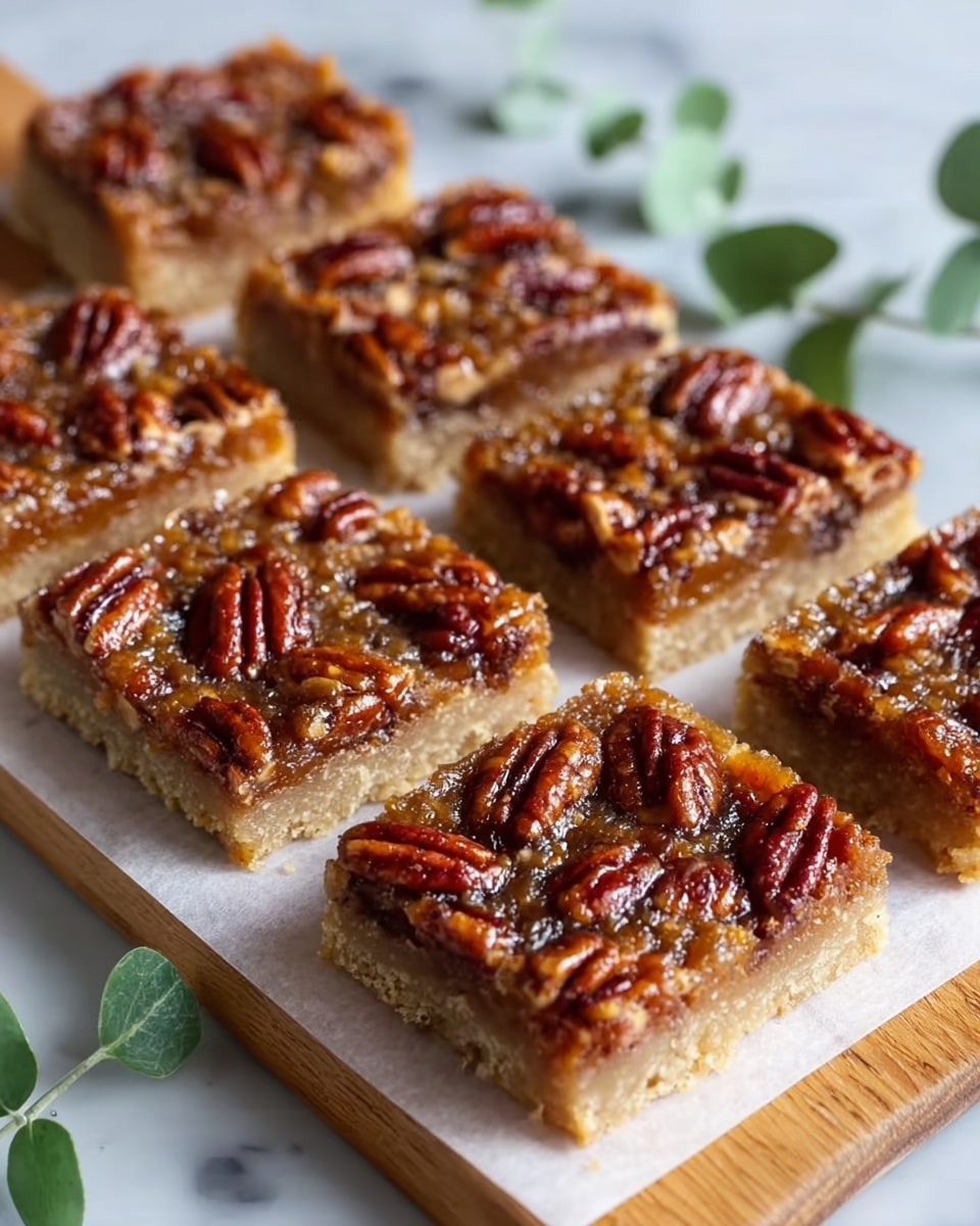 The image shows seven square pecan bars arranged on white parchment paper atop a wooden board with a white marbled background. Each bar has a golden crust base layer that looks firm yet flaky, topped with a gooey, slightly shiny middle layer studded with whole and halved pecans that are deep brown with a glossy finish. The top layer is textured with sugar crystals, adding a sparkling effect. The bars are evenly cut with clean edges, and there are some green leaves peeking in from the corners, adding a natural touch. Photo taken with an iphone --ar 4:5 --v 7