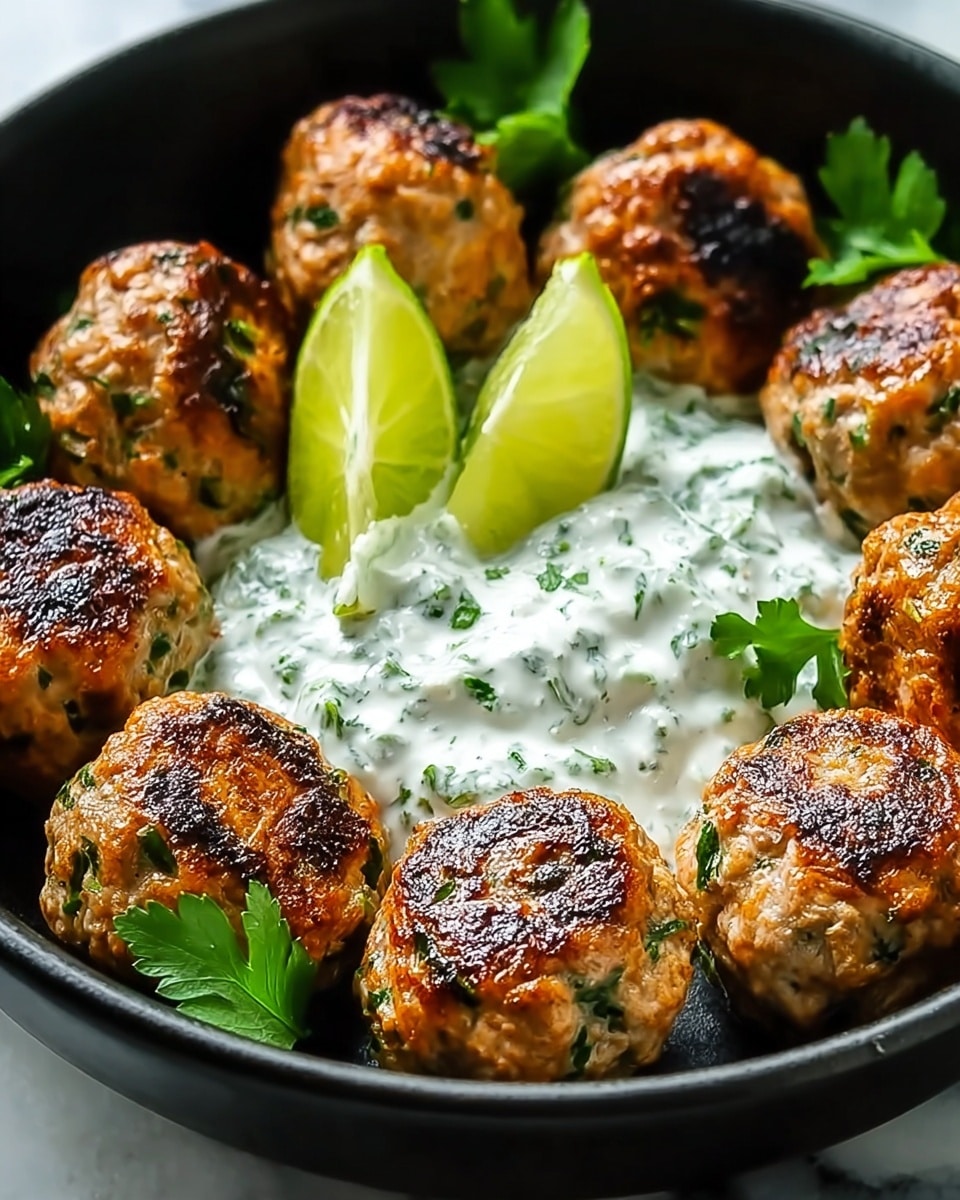 A black bowl filled with ten golden-brown meatballs that have a slightly crispy texture and small green herb bits visible inside. The meatballs are arranged in a circle around a generous dollop of white, creamy sauce mixed with chopped green herbs in the center. Bright green lime wedges are placed to one side of the bowl, and fresh parsley leaves are scattered among the meatballs, adding a fresh touch. The bowl sits on a white marbled surface. photo taken with an iphone --ar 4:5 --v 7