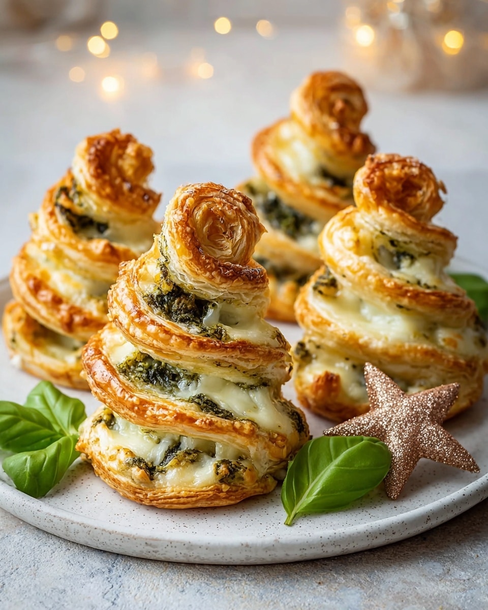 The image shows four puff pastry treats shaped like small Christmas trees, standing upright on a white plate. Each tree has multiple golden-brown layers of flaky puff pastry twisted with green pesto and melted white cheese in between, creating a spiral pattern from base to tip. The surface of the pastries is shiny and slightly crispy, with stringy melted cheese visible along the edges. Around the plate, there are small fresh green basil leaves and a light brown glittery star decoration. In the background, there are blurred pine cones and faint holiday decor, all set against a white marbled texture. photo taken with an iphone --ar 4:5 --v 7
