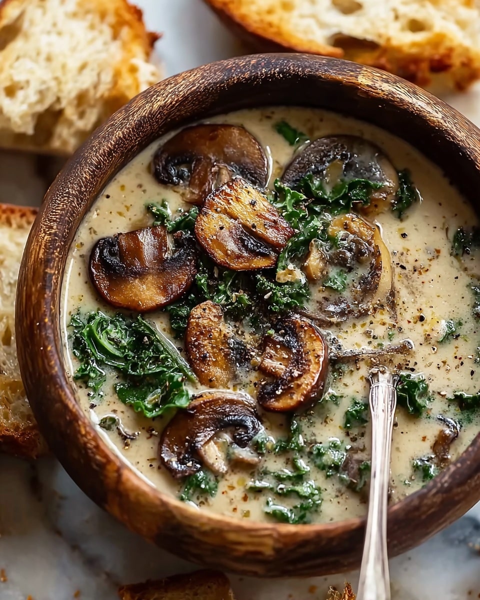 A close-up view of a bowl of creamy mushroom soup with several layers visible; at the bottom, a thick, light beige creamy broth, on top, scattered dark brown sautéed mushroom slices with light edges and a slightly charred texture; mixed among the mushrooms are bright green curly kale leaves and thin translucent onion strands; black pepper specks are sprinkled on the surface, adding a textured, speckled look; a silver spoon dips into the soup from the bottom of the bowl, resting inside; the bowl is made of dark brown wood with visible grain patterns; pieces of torn crusty bread surround the bowl on the edges of the frame, all set on a white marbled surface photo taken with an iphone --ar 4:5 --v 7