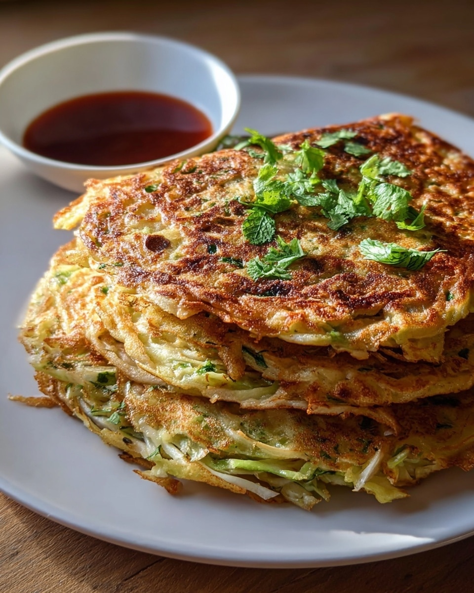 The image shows three golden-brown savory pancakes stacked on a white plate, each pancake made of thin layers filled with shredded green cabbage and herbs visible inside. The top pancake has a lightly crispy, browned texture with dark specks and fresh green herbs placed on top as garnish. To the side of the stack, there is a small white bowl filled with a shiny dark red dipping sauce. The plate sits on a wooden surface with soft natural light highlighting the texture of the pancakes. photo taken with an iphone --ar 4:5 --v 7