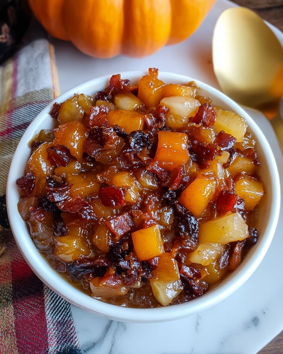 The image shows a close-up of a small white bowl filled with a cooked mixture of diced fruits and possibly bacon or caramelized bits. The bowl holds about two visible layers: the bottom layer is a glossy syrup with soft, pale yellow and white chunks of fruit, while the top layer consists of vibrant orange and dark brown caramelized or cooked pieces, giving a mix of shiny, moist, and slightly crispy textures. The bowl is placed on a white marbled surface, with a small pumpkin and a gold spoon nearby, and a checkered cloth partially visible. Photo taken with an iphone --ar 4:5 --v 7