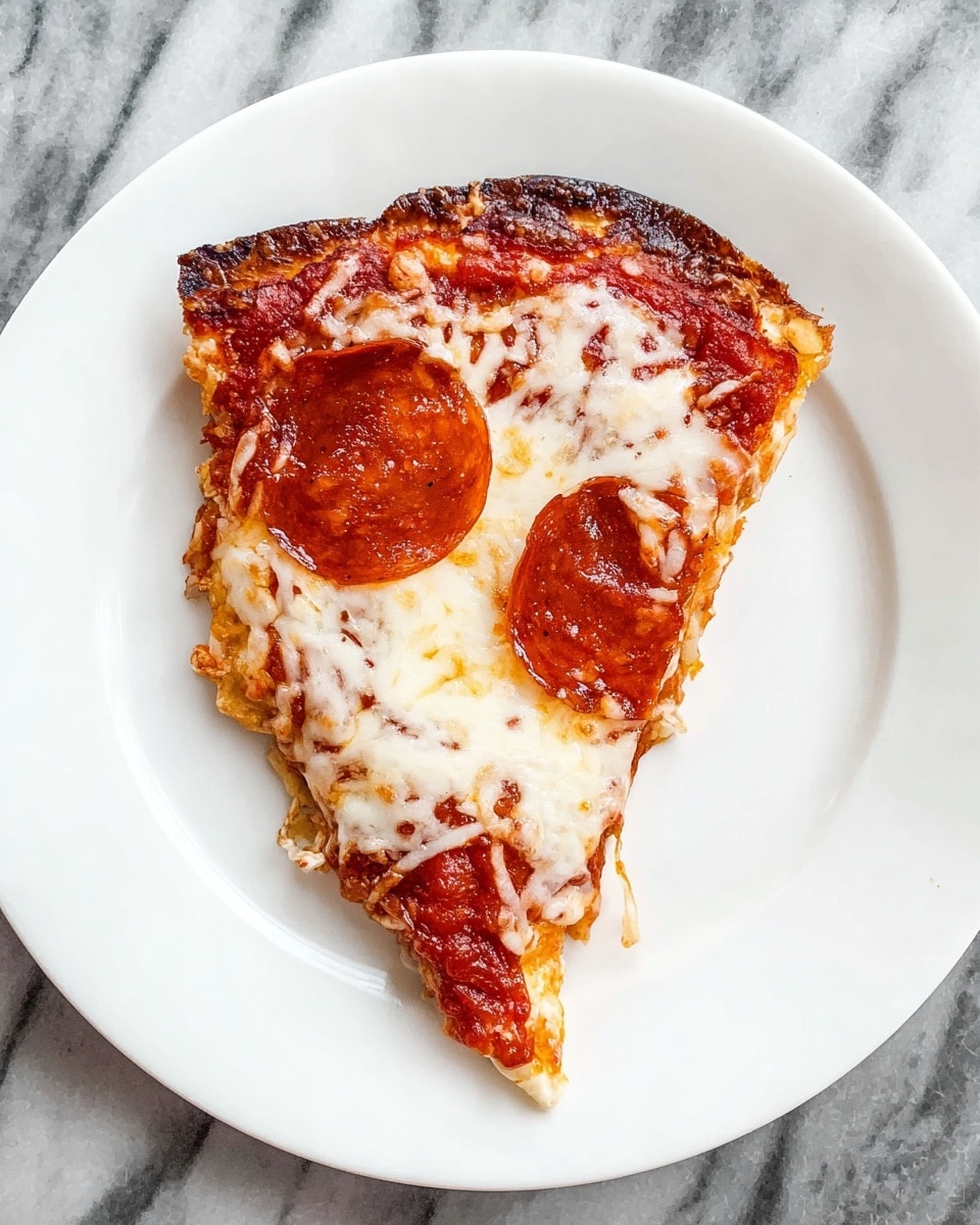 A single slice of pizza on a white plate, placed on a white marbled textured surface. The pizza has three main layers: a golden-brown crispy crust with slightly burnt edges, a layer of red tomato sauce spread unevenly, and a layer of melted white mozzarella cheese covering most of the slice. On top of the cheese, there are two pieces of glossy, reddish-brown pepperoni, one large near the center and a smaller piece near the crust edge, giving the slice a classic pepperoni look. The pizza slice appears thick and slightly irregular in shape. Photo taken with an iphone --ar 4:5 --v 7