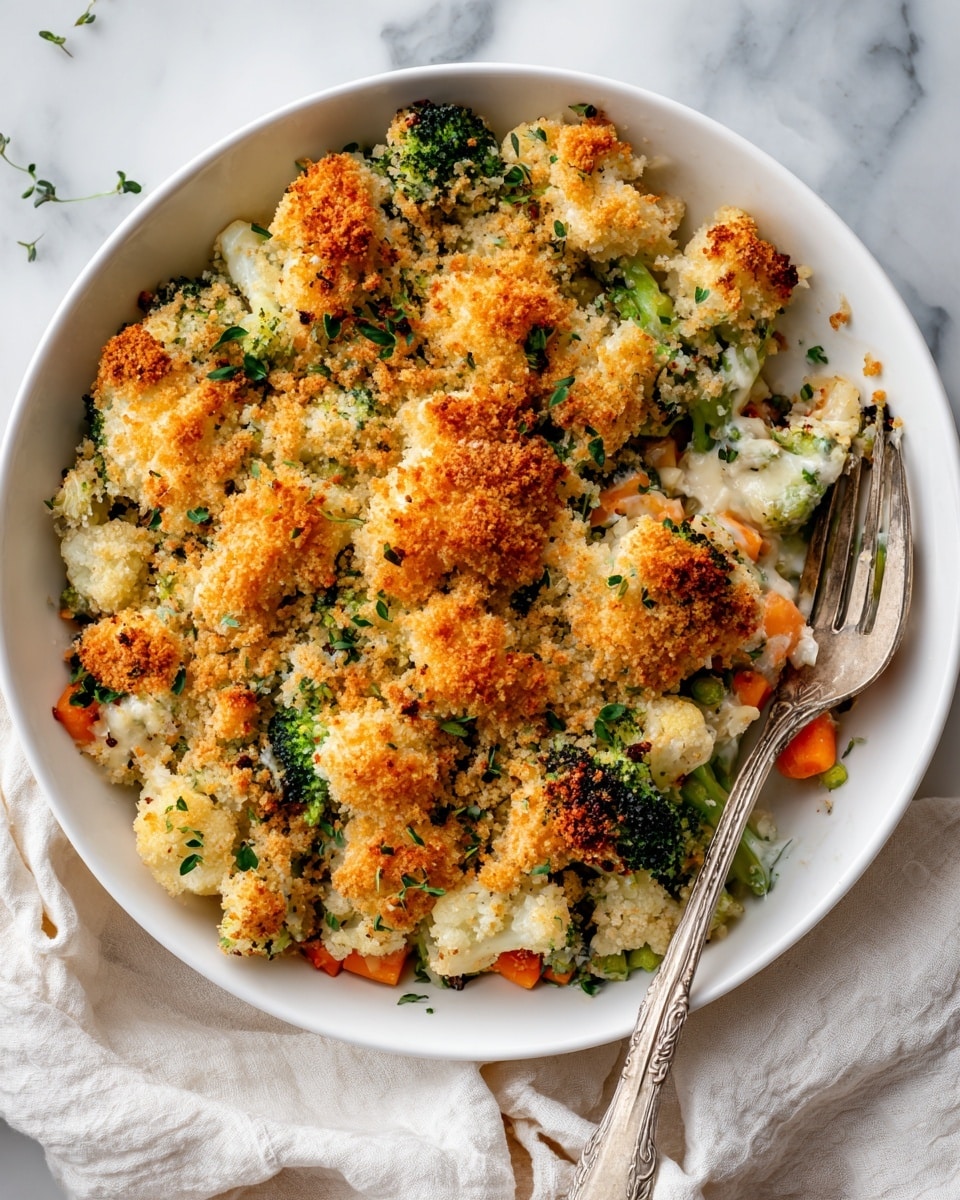 A white bowl holds roasted cauliflower and broccoli florets, with some bright orange carrot pieces and yellow squash chunks scattered throughout. The cauliflower and broccoli have a slightly charred, golden-brown crust on top from roasting, with melted cheese sprinkled over the vegetables. Fresh green herbs are lightly scattered across the dish for garnish. A silver fork lies to the right inside the bowl with a small piece of cauliflower on it. The bowl is placed on a light beige textured cloth on a white marbled surface. Photo taken with an iphone --ar 4:5 --v 7
