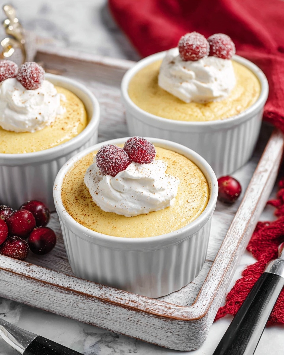 Three white ramekins filled with smooth, creamy yellow pudding sit on a rustic white wooden tray. Each ramekin has a dollop of white whipped cream on top, garnished with two sugar-coated red berries. The surface of the pudding appears silky with a light sprinkle of fine brown spices. The tray rests on a white marbled texture surface with a red cloth partially visible on the right and a black utensil handle in the foreground. photo taken with an iphone --ar 4:5 --v 7
