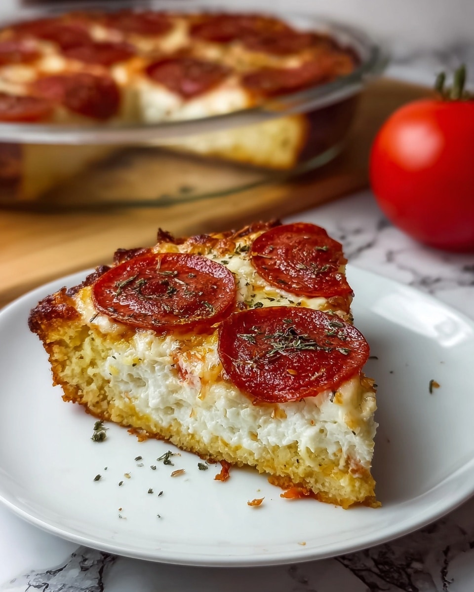 A close-up view of a thick, round baked dish in a white ceramic pan showing a slice being cut out. The dish has three visible layers: a golden-brown crispy edge layer, a thick creamy middle layer with a light yellow color and soft texture, and a top layer warmly browned with melted cheese. Several evenly spaced, dark red pepperoni slices with a slightly shiny surface cover the top, sprinkled with small pieces of green herbs. The background features a blurred large red tomato and a white marbled surface. photo taken with an iphone --ar 4:5 --v 7