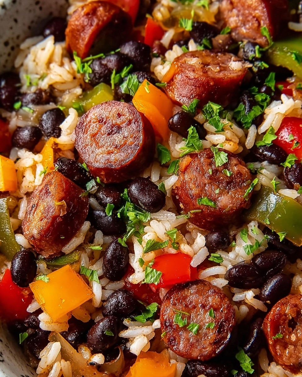 This close-up image shows a colorful rice dish with multiple layers and textures. The bottom layer is made of fluffy white rice mixed with small pieces of cooked onion that have a slightly translucent texture. Scattered throughout are black beans with a smooth and shiny surface, adding deep black color contrast. Cubes of bell peppers in orange, red, and green add bright pops of color and a firm texture. On top are round slices of browned sausage with a veiny pattern inside, adding a rich reddish-brown tone. Bits of fresh green herbs are sprinkled over everything, giving a fresh look to the dish. The background is a white marbled texture, enhancing the warm colors of the food. photo taken with an iphone --ar 4:5 --v 7