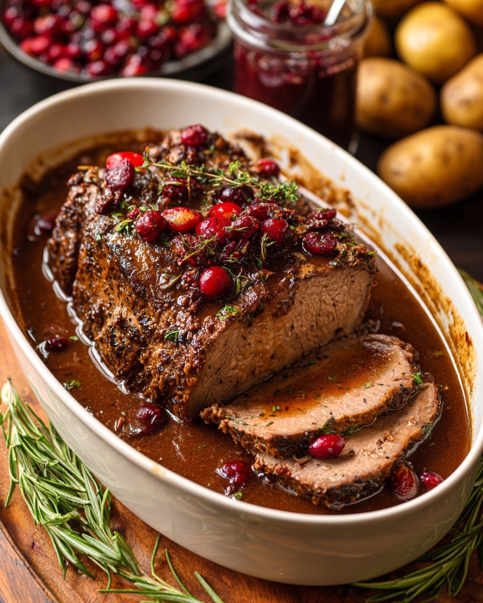 The image shows a main piece of cooked roast beef sliced partially on the left side, revealing a juicy, slightly pink inside with a dark brown, glossy, textured crust on top. The roast sits in a white oval dish with golden roasted baby potatoes scattered around it. Small bright red cranberries and sprigs of fresh green rosemary decorate the surface of the beef and roast liquid, adding color and texture. The dish rests on a gray cloth, placed on a wooden board, with some rosemary sprigs lying nearby, all set against a white marbled texture. Photo taken with an iphone --ar 4:5 --v 7