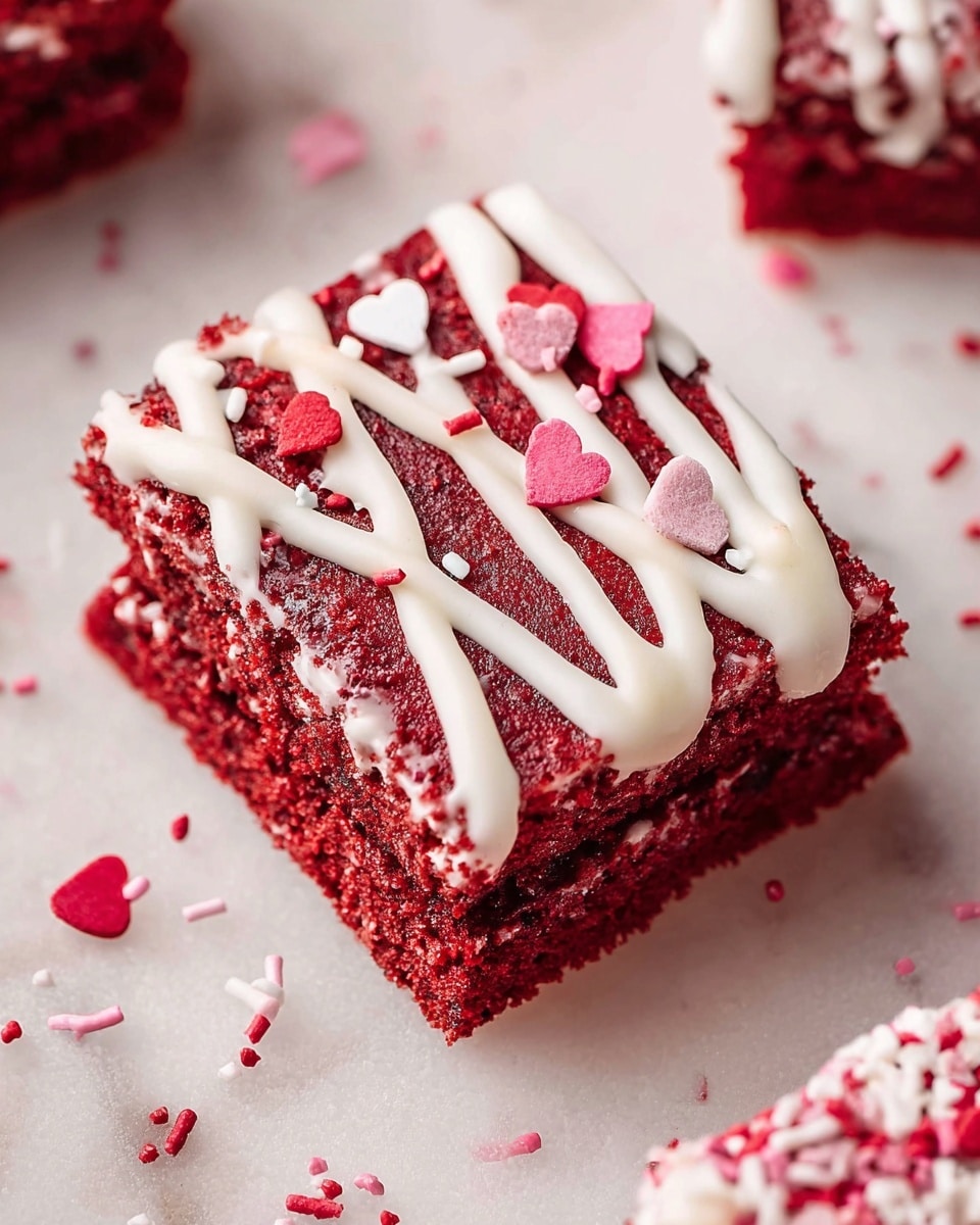 A square piece of rich red velvet cake with two visible layers, each deep red with a moist, slightly crumbly texture, is topped with smooth white icing drizzled in five diagonal stripes from top left to bottom right. Tiny heart-shaped sprinkles in red, pink, and white are scattered on the icing and around the white marbled textured surface beneath the cake. In the background, a small part of another cake piece with the same decoration is visible at the bottom right corner. Photo taken with an iphone --ar 4:5 --v 7