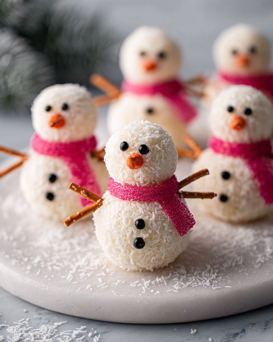 The image shows several small snowman-shaped treats made of two round white balls covered in shredded coconut, stacked with the smaller ball on top as the head and the larger ball below as the body. Each snowman has black dots for eyes and buttons, and a small orange carrot-shaped nose on the face. A bright pink sugary strip wraps around the neck as a scarf. Thin pretzel sticks are used as arms, sticking out from the sides of the larger ball. The snowmen are placed on a curved white marble surface sprinkled with extra coconut flakes. The background also follows a soft, white marbled texture. Photo taken with an iphone --ar 4:5 --v 7