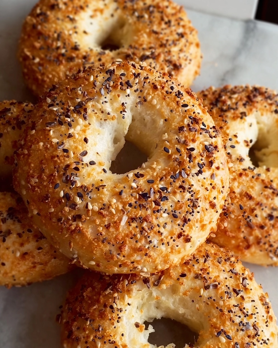 A close-up view of four golden brown bagels with a rough texture covered in sesame seeds and black seeds, arranged closely together. The bagels have a slightly shiny, crunchy crust with a soft, light-colored interior visible through the large holes in the center. The background is blurred but shows a white marbled texture surface below and a woman’s face partially visible in the upper right corner, smiling near the bagels. Photo taken with an iphone --ar 4:5 --v 7