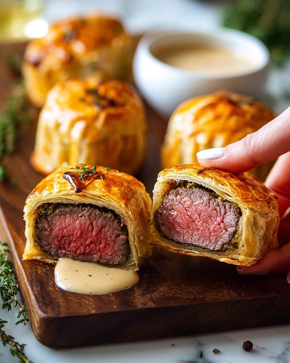 The image shows a close-up of golden brown pastry-wrapped beef Wellington pieces on a dark wooden board set on a white marbled surface. Each piece has a flaky, shiny pastry outer layer that is a warm golden yellow with slight browning on top. Inside, there is a thick, medium-rare beef center, pink in the middle with a dark seared outer edge. Beneath the pastry, a thin layer of green herb paste is visible around the beef. One piece is cut in half, held by a woman's hand, showing the layers clearly. The cut piece sits on a light tan creamy sauce with specks. In the background, three whole pastry pieces are placed, and to the side, there is a sprig of fresh green thyme. A white bowl with sauce is blurred in the background. Photo taken with an iphone --ar 4:5 --v 7