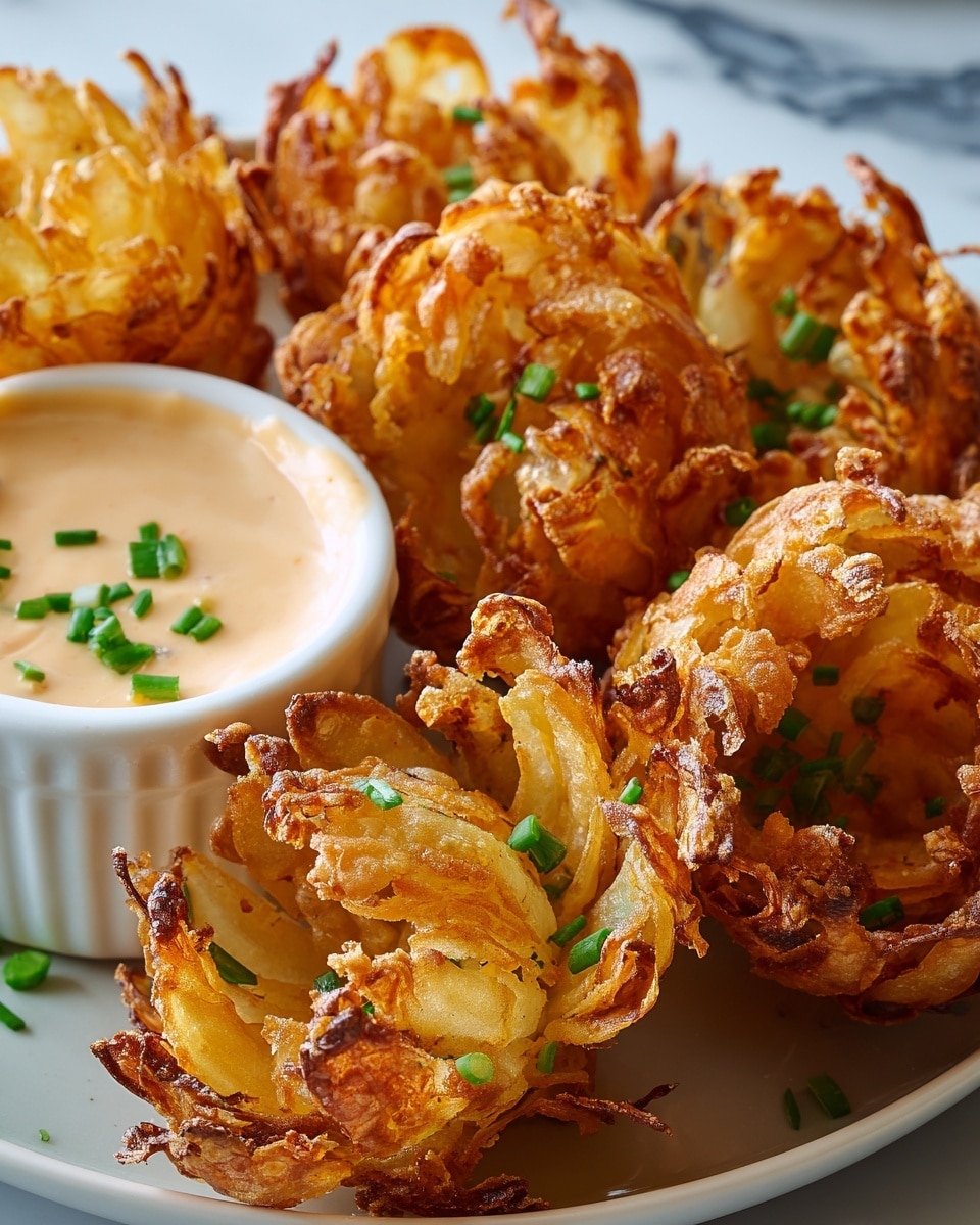 The image shows several golden brown fried onions shaped like flowers with crisp, curled outer layers and tender, light yellow inner layers. The onions have uneven edges with a crunchy texture and some darker browned tips. They are placed closely on a white plate, garnished with small green chives. On the side, there is a white ramekin filled with a creamy light orange sauce topped with chopped chives. The background is a white marbled texture. photo taken with an iphone --ar 4:5 --v 7