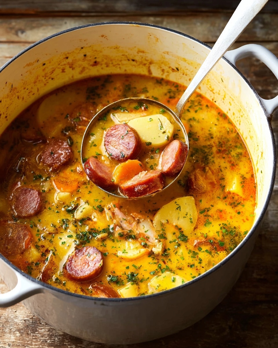 A large white pot filled with a thick orange-yellow soup containing several visible layers: round slices of reddish sausage, chunks of light yellow potatoes, and pieces of orange carrot spread evenly throughout the soup. The surface of the soup is dotted with green herbs and specks of spices, giving it a fresh and textured appearance. A silver ladle with a white handle is scooping a portion, lifting some sausage, potato, and carrot pieces above the broth. The pot sits on a wooden table with a rustic look. Photo taken with an iphone --ar 4:5 --v 7