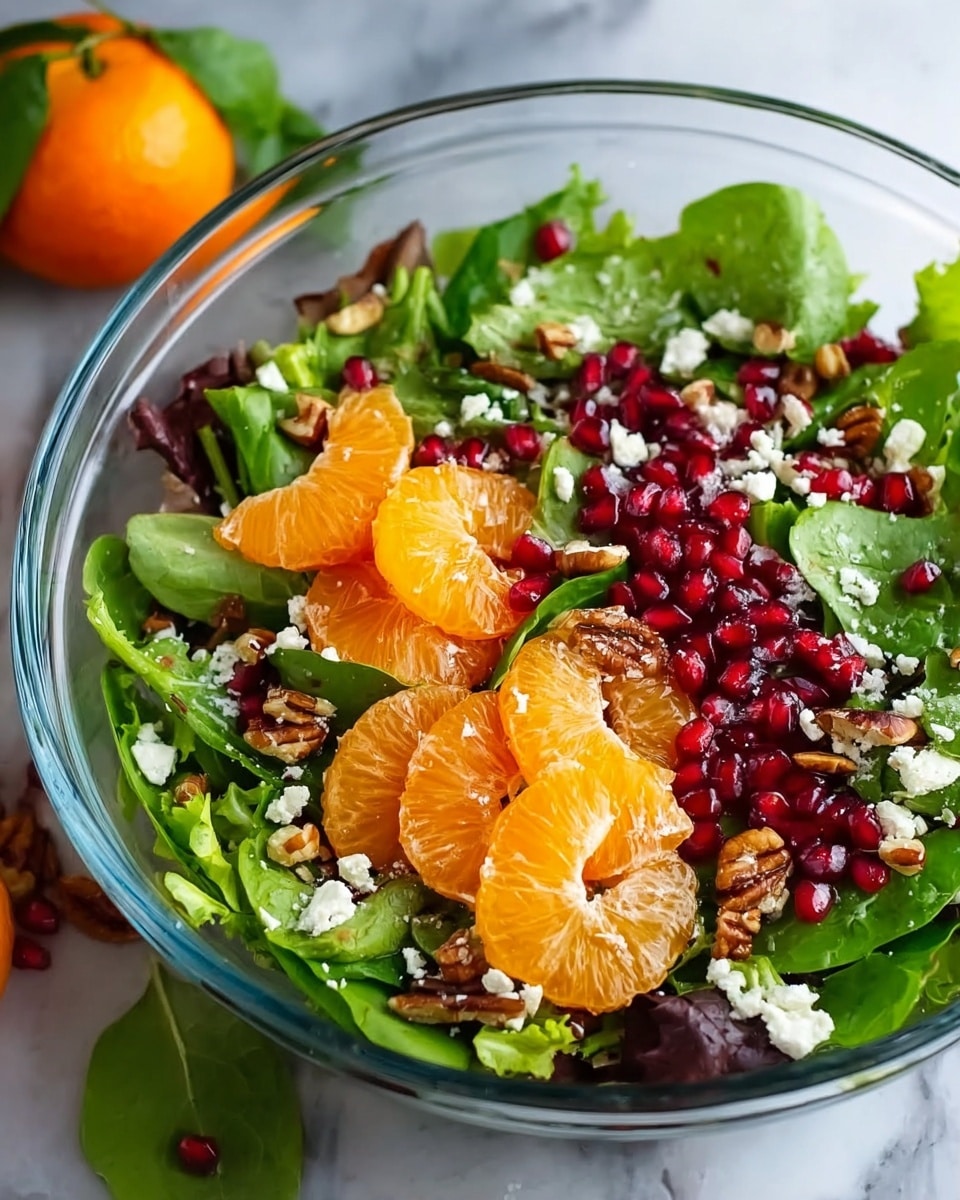 A clear glass bowl filled with a fresh salad that has three main layers: a base of mixed green leaves including spinach and lettuce with varying shades of green, a middle layer of bright orange mandarin slices evenly spread out, and a top layer sprinkled with small red pomegranate seeds, white crumbled cheese, and chopped brown nuts. The bowl is set on a white marbled surface, and there is a small orange fruit with green leaves in the background. Photo taken with an iphone --ar 4:5 --v 7