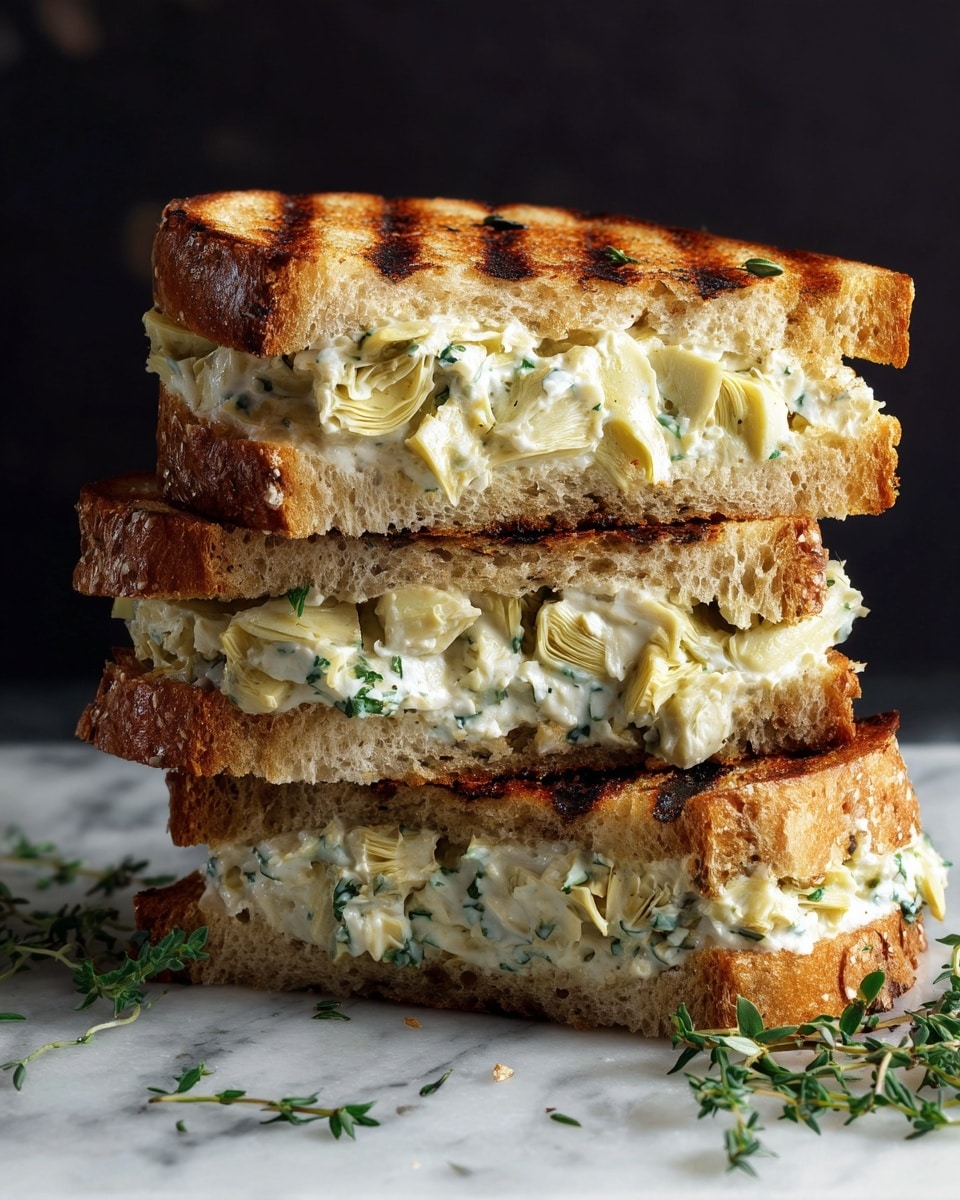 A close-up image of a thick sandwich made with two layers of toasted bread slices that are golden brown with visible grill marks. Between the layers, there is a creamy filling with chopped artichoke hearts mixed with green herbs, looking soft and slightly chunky. The sandwich is stacked neatly on a white marbled surface, and small green herb leaves are scattered around it. The background is dark, making the sandwich stand out clearly. photo taken with an iphone --ar 4:5 --v 7