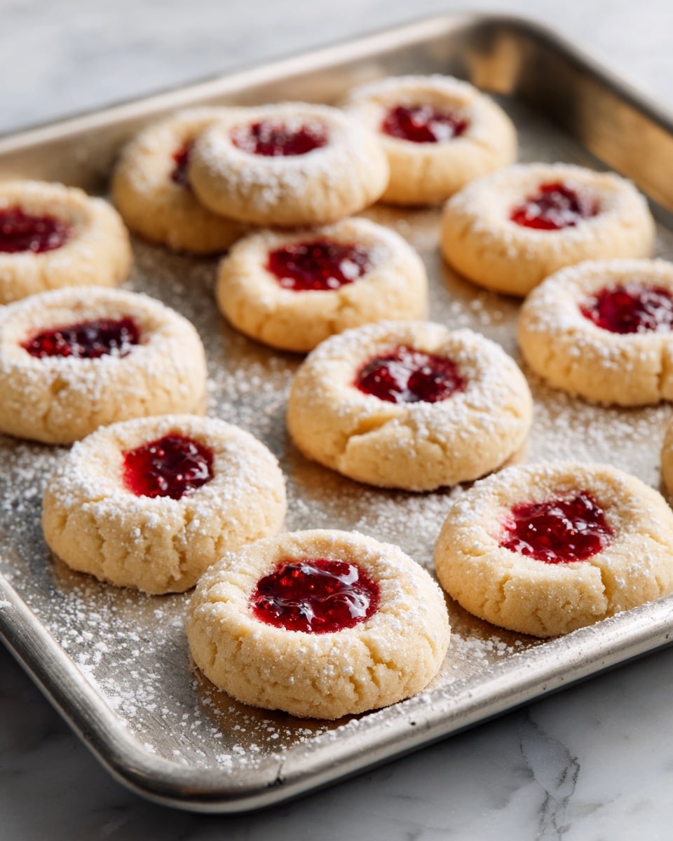 A silver baking tray holds about twelve round thumbprint cookies with a light golden color and soft texture. Each cookie has a small, deep red jam filling in the center, slightly glossy, and the cookies are dusted with white powdered sugar. The cookies are spread unevenly across the tray, which shows some flour and marks of baking use. The tray rests on a white marbled surface with subtle grey veins. photo taken with an iphone --ar 4:5 --v 7