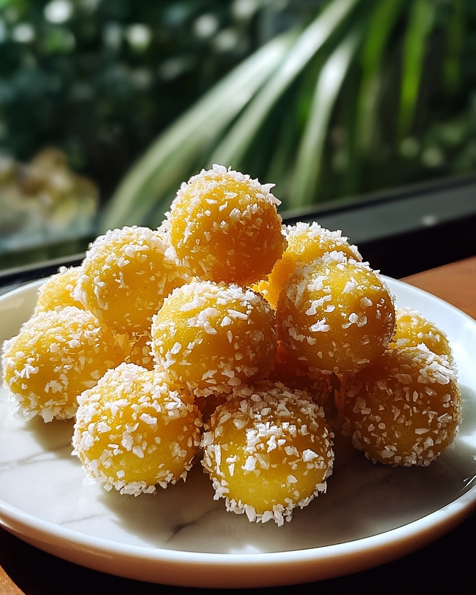A white plate filled with about fifteen small round balls stacked up, each ball is bright yellow covered with irregular white sugar crystals that give a rough texture, the balls catch soft natural light from the side, and the background shows some green plants outside a window with a blurred effect, the surface below is a white marbled texture photo taken with an iphone --ar 4:5 --v 7