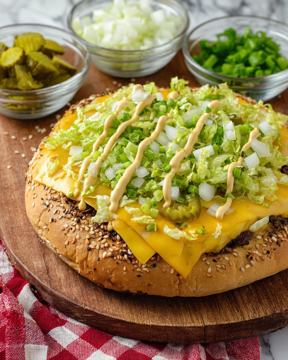 A close-up view of a large sandwich on a sesame seed bun placed on a wooden board. The sandwich has multiple layers starting with melted yellow cheese covering the bun, followed by a layer of chopped lettuce and diced pickles evenly spread on top. A drizzle of creamy yellow sauce is scattered over the lettuce and pickles. Around the sandwich, there are three small clear glass bowls containing finely chopped white onions, diced pickles, and chopped green onions. The setting includes a red and white checkered cloth under the wooden board, and the background is a white marbled texture. Photo taken with an iphone --ar 4:5 --v 7