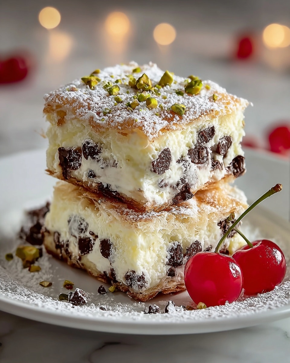 Two square dessert pieces are stacked on a white plate with a white marbled background. Each piece has three layers: a light brown, crispy and flaky top and bottom layer with a dusting of powdered sugar and small green chopped pistachios on top; the middle layer is thick, creamy white with many dark chocolate chips mixed through. There are two bright red cherries placed on the plate beside the dessert, adding a pop of color. The powdered sugar is also lightly scattered around the plate. Photo taken with an iphone --ar 4:5 --v 7